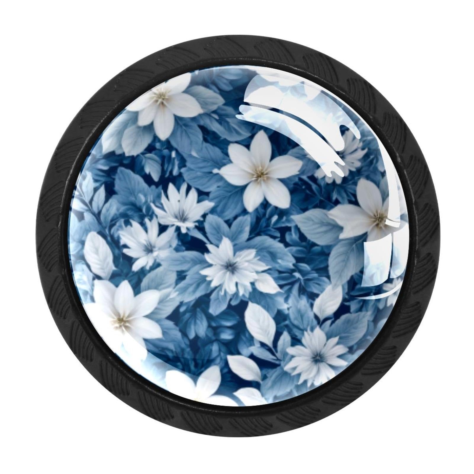 CHENZZZZ 4 Pack Drawer Knobs, Black Handle Dresser Drawer Pulls, Round Decoration Cabinet Hardware Pulls with Screws for Kitchen Cupboard Wardrobe, Floral Flower Leaf Seamless Pattern, Blu (3)
