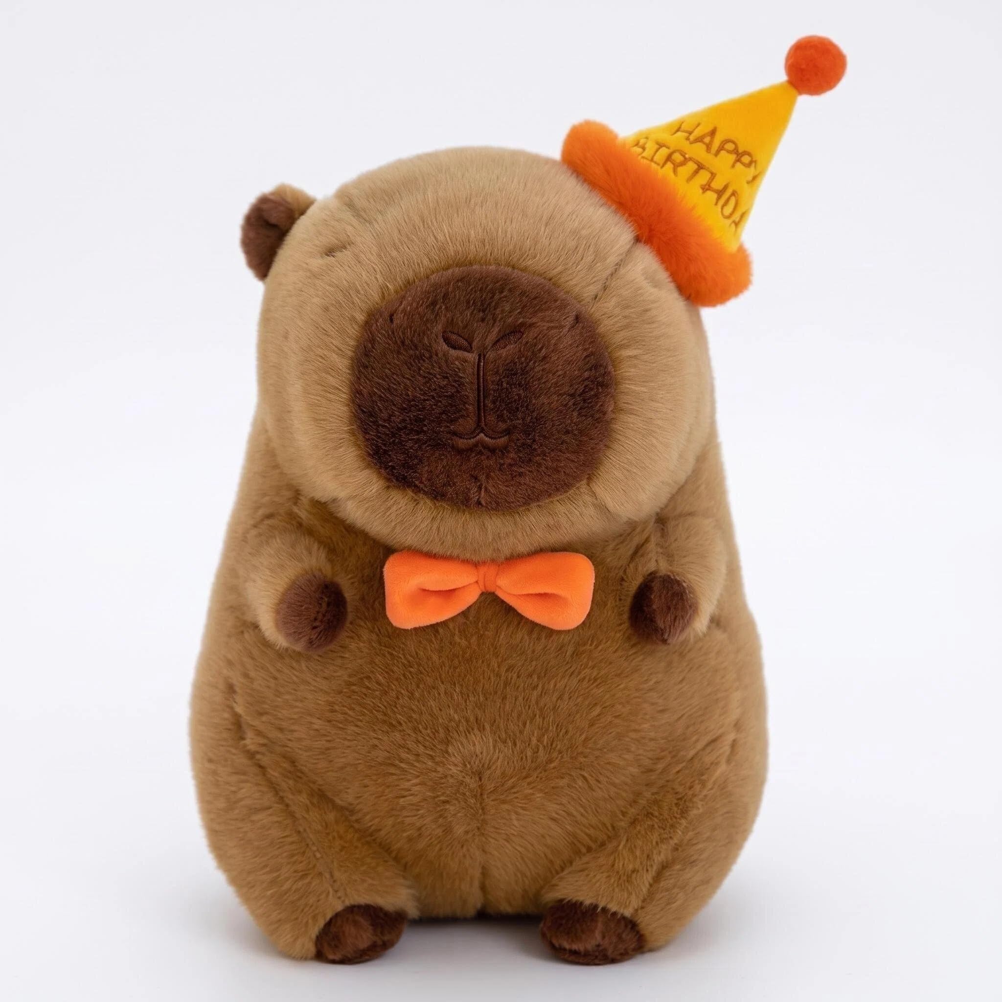 FILOEEX 25cm Cute Birthday Capybara Plush Toy, Soft Stuffed Capybara Animal with Happy Birthday Hat Bow Tie, Kawaii Capybara Plushie Gift for Kids Adults Birthdays Party Home Decoration