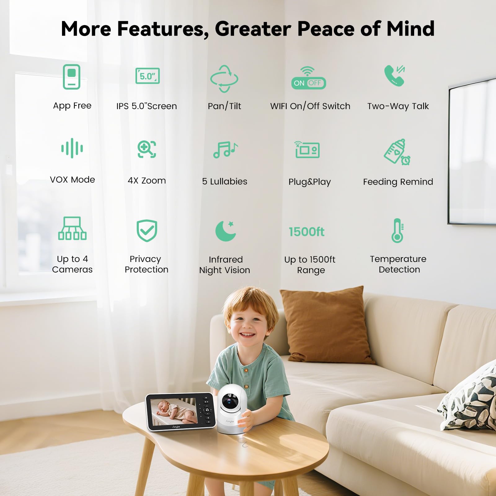 Simyke Video Baby Monitor with Camera and Audio,5'' Screen,720P,No Wifi or Free App Mode,Pan-Tilt-Zoom,Lullabies,Feeding Remind,Night Vision,VOX/ECO,2-Way Talk,1500ft Long Range,Easy Setup,30H Battery - Image 3