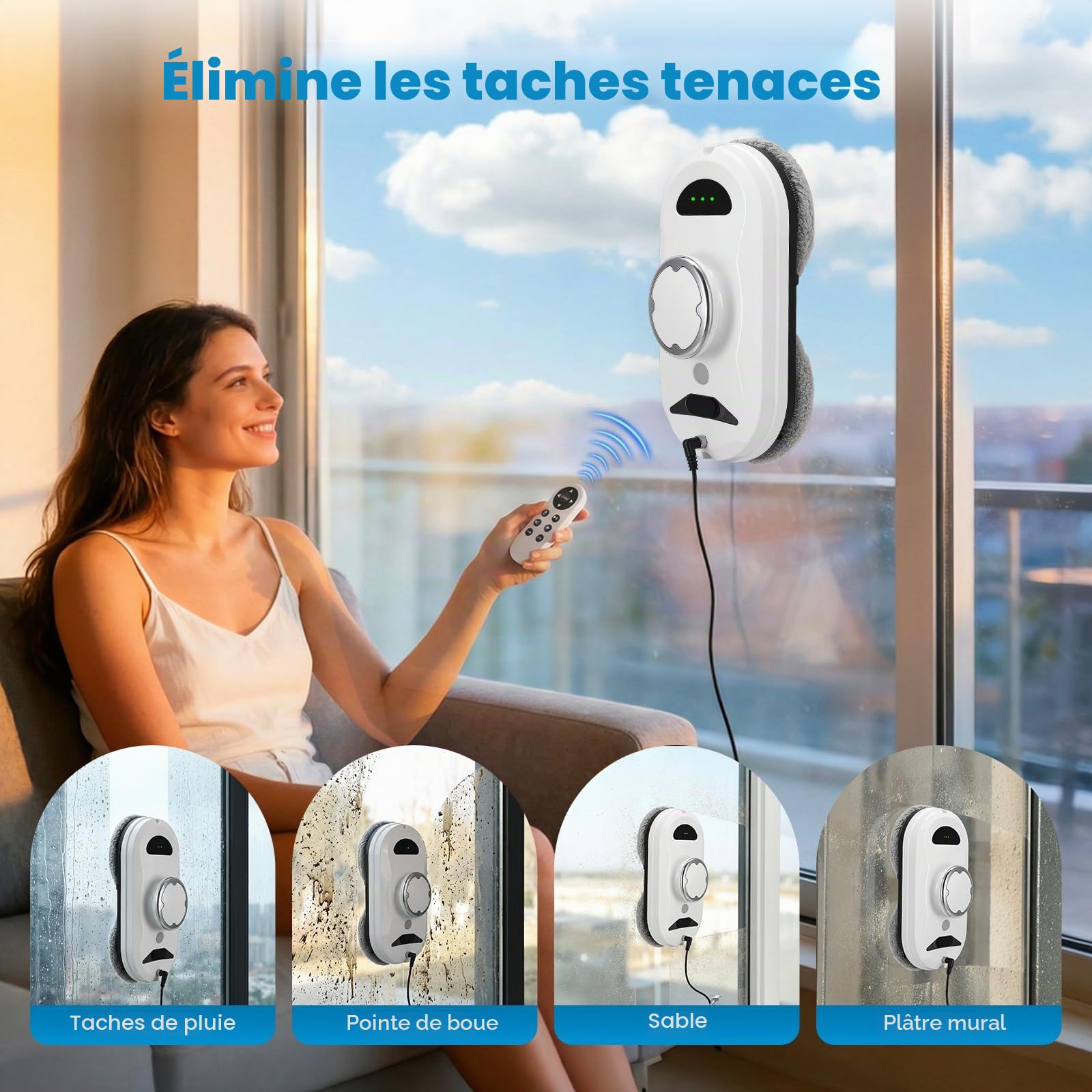 Robot lave-vitres,5600 Pa,lave-vitres automatique avec système de sécurité,navigation intelligente,télécommande,détection des bords,nettoyants pour vitres adaptés à toutes les surfaces lisses