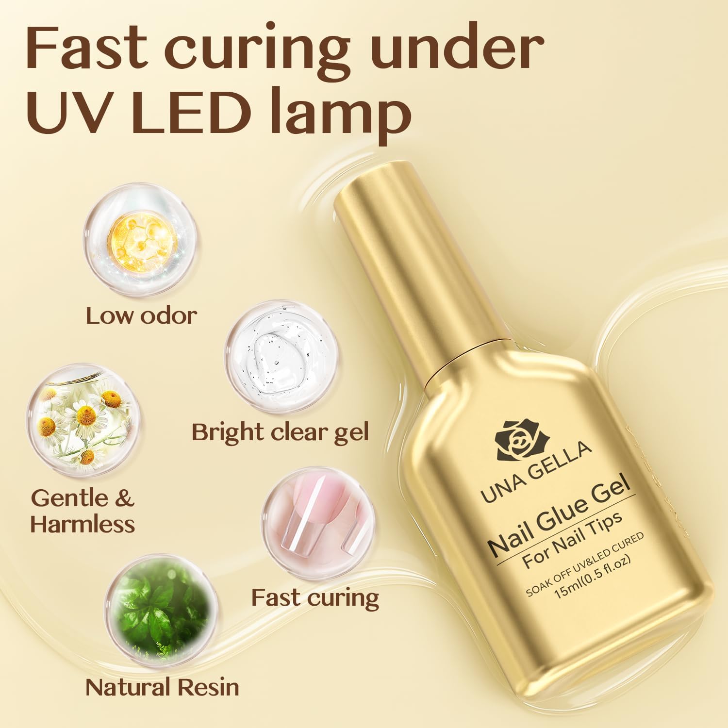 UNA GELLA 6 in 1 Nagelkleber für Kunstnägel, 15ml UV Gel Nagelkleber Langanhaltend Superstark mit Pinsel als Base Coat, für Fake Nails & Soft Gel Tips, Aushärtung mit Lampe erforderlich