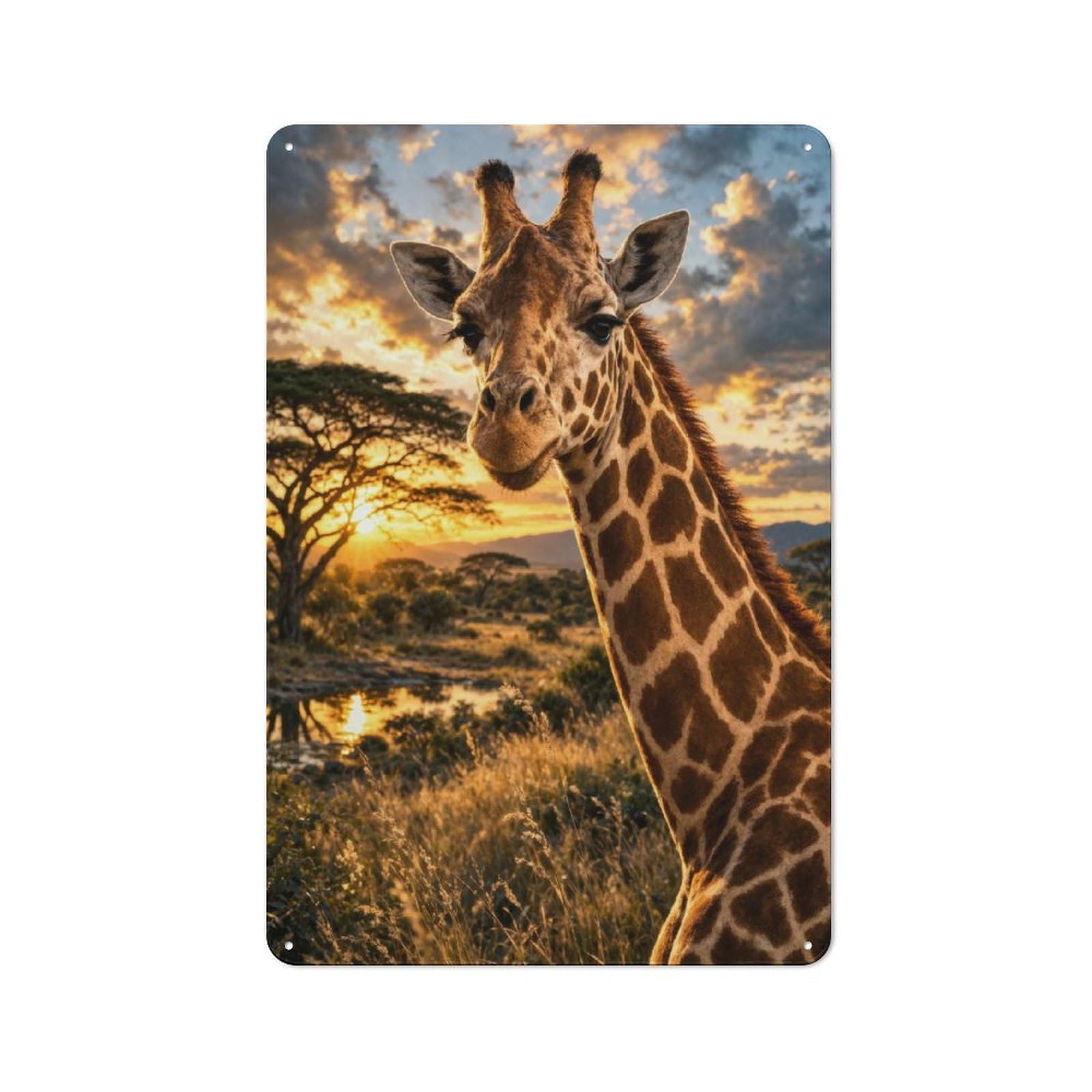 Junmoney Style-19 Tin Sign 30X20cm With Giraffe At Sunset In The Savanna For Workshop Wall, Retro Decor, For Metal Sign Collectors, For Cafés, Pubs And Restaurants