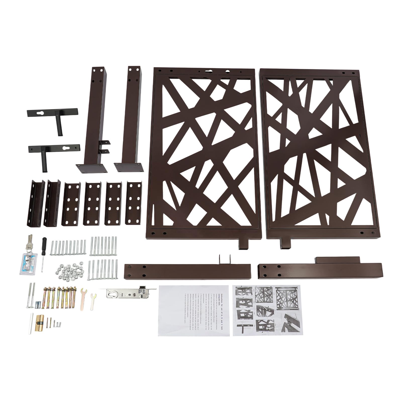 Puerta de jardín, 105 x 100 cm, color negro, para jardín, exterior, de seguridad, de metal, ángulo de apertura de 180°, cierre de seguridad con 7 llaves, para jardín, patio y terraza (marrón