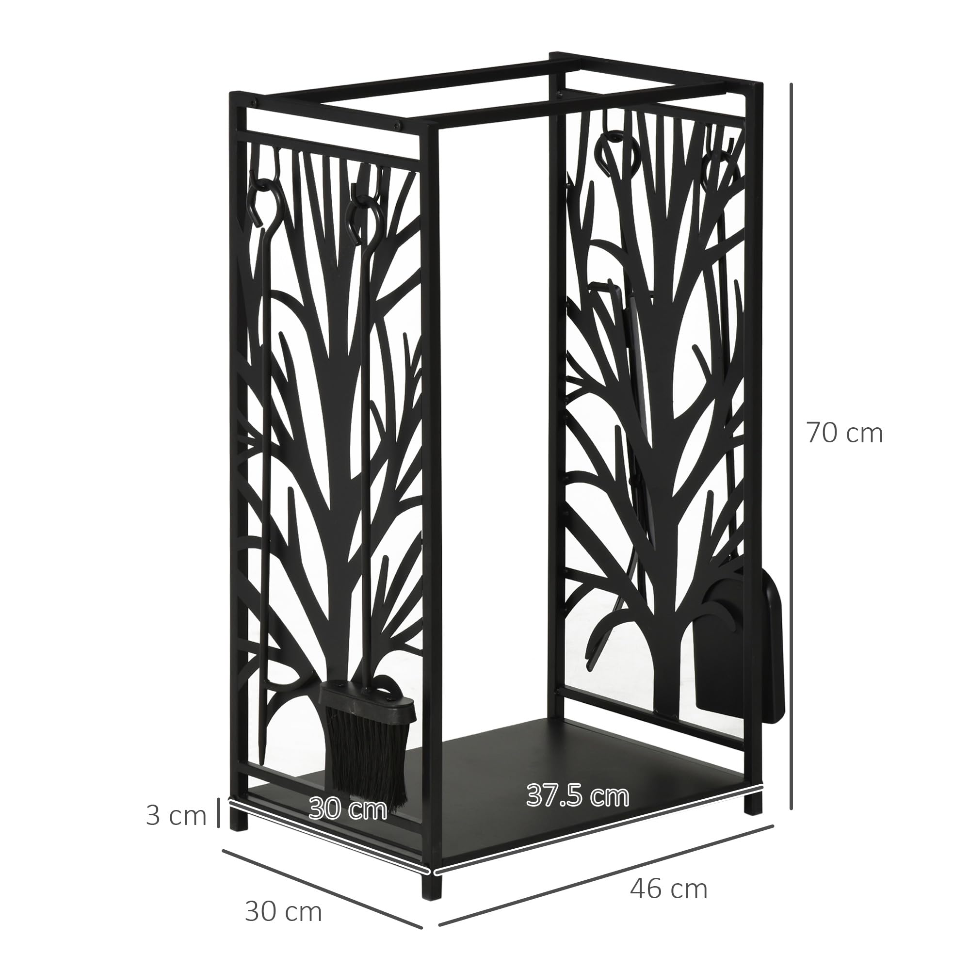 HOMCOM Potalegna per Camino in Acciaio e Antiruggine, Porta Legna per Interni ed Esterni con Design Elegante e 4 Attrezzi, 46x30x70 cm, Nero
