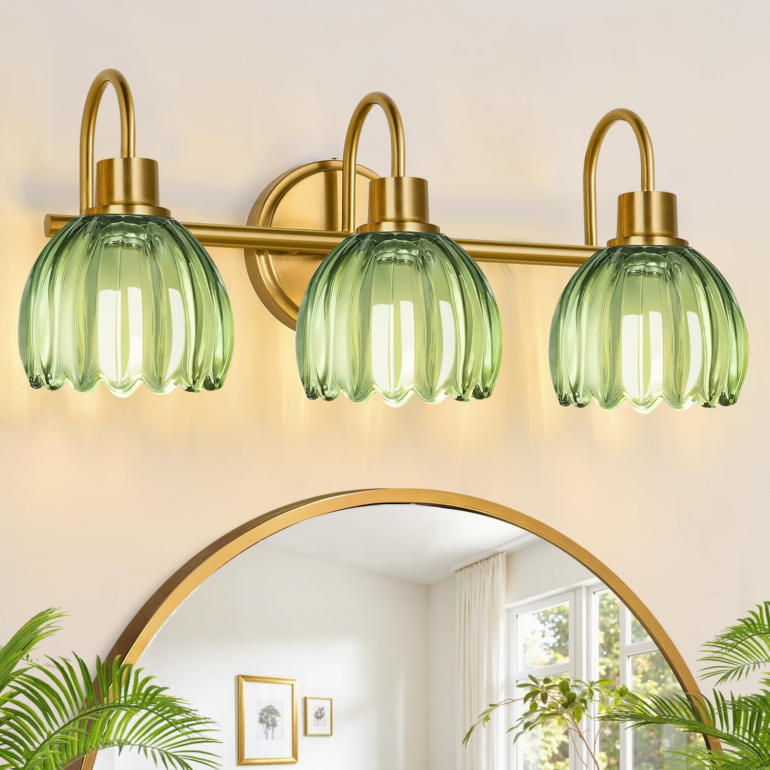 Meybiok Bathroom Light Fixtures, 3-Light Brushed Gold Vanity Lights with Green Tulip Glass Shade, Vintage Vanity Wall Lights for Mirror Bedroom Living Room Hallway