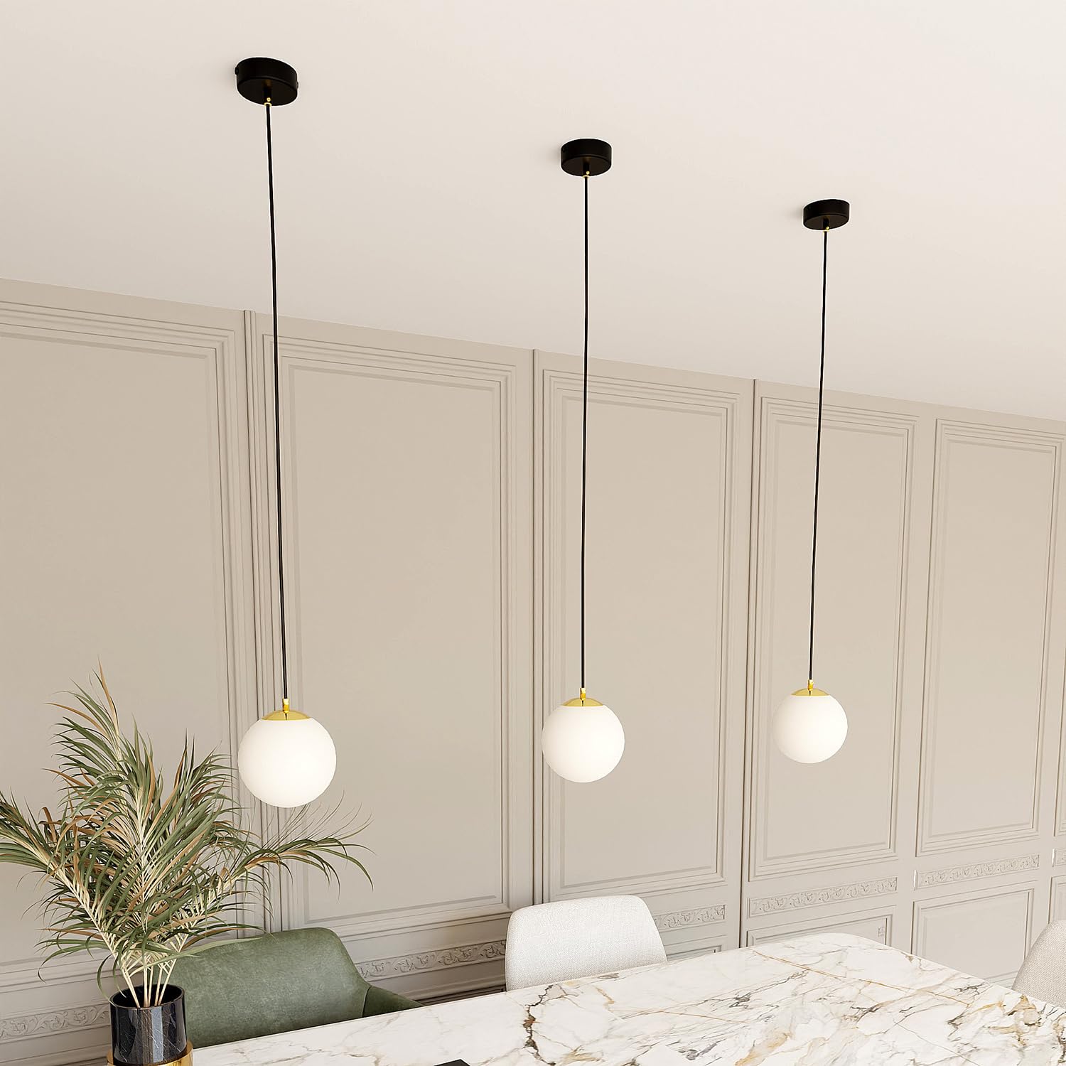 Sospensione Contemporanea 1 Luce In Acciaio Nero/Oro Sfera Vetro Bianco