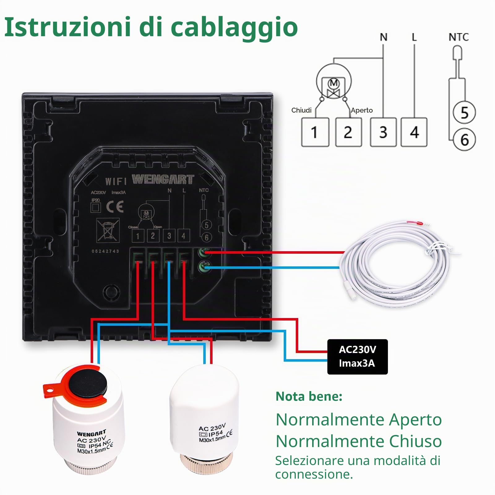 Wengart Termostato Smart WiFi per Riscaldamento a Pavimento ad Acqua, Display TFT a Colori da 2.4", 3A 230V, 6 Lingue (Italiano Incl.), Compatibile con Alexa e Google Home, App Tuya, Nero, WG380