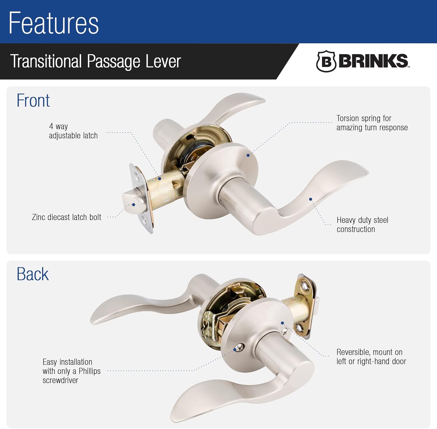 BRINKS – Transitional Non-Locking Interior Wave Door Lever, Satin Nickel - Designed for Traditional and Transitional Homes and Blends Seamlessly with Interior Décor (E2428-119)