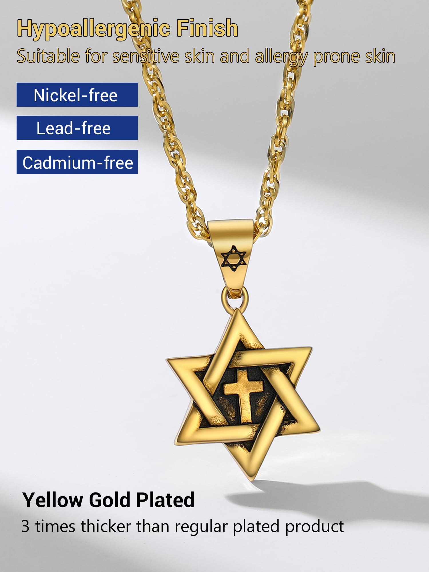 PROSTEEL Collier Homme Magen David en Acier Inoxydable/Plaqué Or, Pendentif Étoile de David Amulette Judaïque