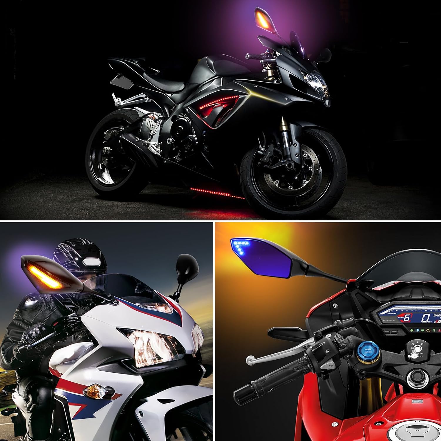 Motorcycle LED Turn Signal Rearview Mirrors Compatible with 2011 2013 Honda CBR250R CBR 600 RR Suzuki GSXR 600 GSXR 750 Yamaha FZ1 FZ6 YZF R1