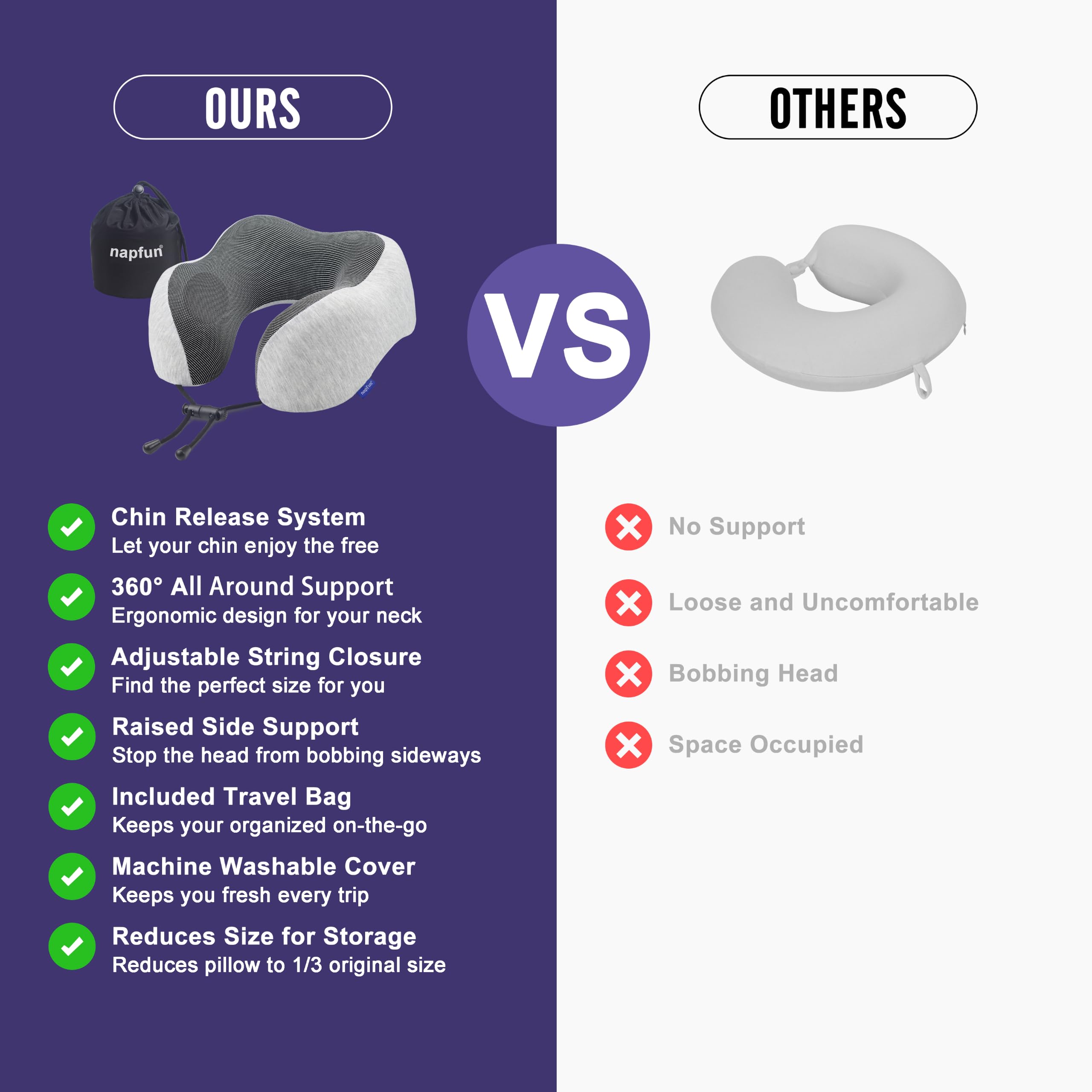 100% Pure Memory Foam Travel Neck Pillow, Light Grey R913