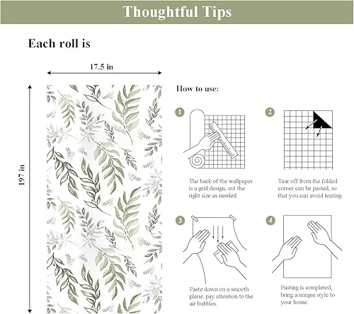 Miniatura 4 de Papel tapiz de hojas verdes para despegar y pegar de 17.5 x 197 pulgadas, papel de contacto de hojas florales, papel tapiz autoadhesivo vintage,