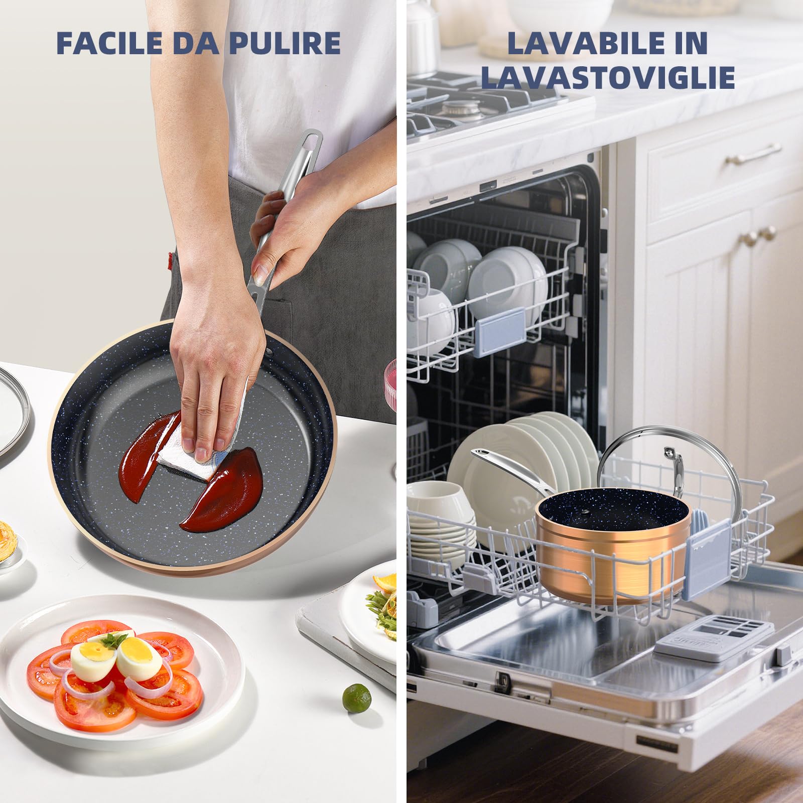 Nuwave Induzione Pronto Pentole Set 12 Pezzi in Ceramica G10 Duralon Blue in Rame Rustico, Coperchi in Vetro, Rivestimento Antiaderente, Adatto per Forno e Induzione, senza PFAS