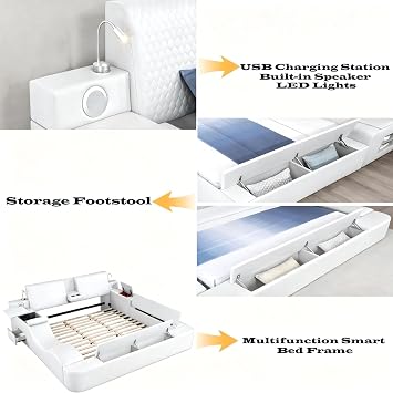 Queen Size Smart Bed, Multifunctional Leather Bed Frame with Massage Recliner/Upholstered Headboard/Music Speaker/USB Port/Storage Space, Modern Luxury Bed Frame(Beige)
