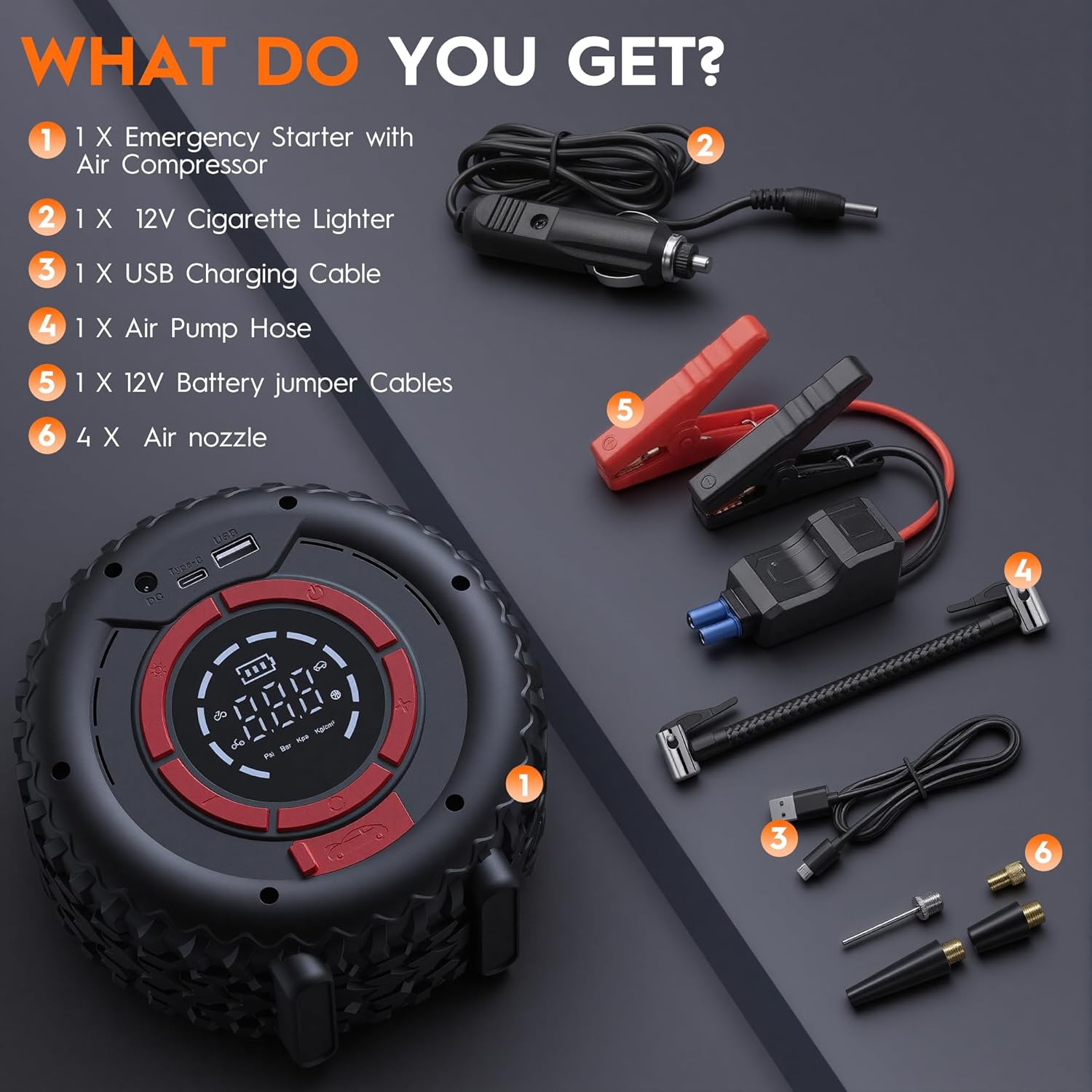 Jump Starter with Air Compressor, 1500A Car Battery Jump Starter (4 Gas/3.5L Diesel), 150PSI Car Battery Jumper Starter Portable 12V Jump Box with Jumper Cables, LED Light, Power Bank