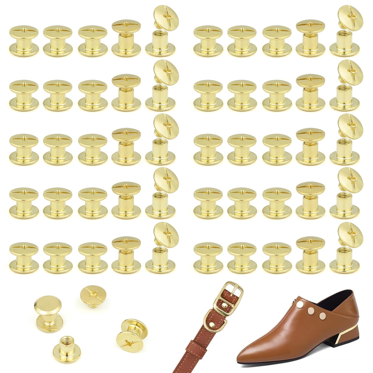 JJWNMLL 100 Set Chicago Screw Posts M5*5mm, Gold Rivet Chicago Binding Screws, Metal Rivet Replacement Repair for Bags, Collar, Harness, Luggage, Purse, Dog Lead, Backpack, Belt