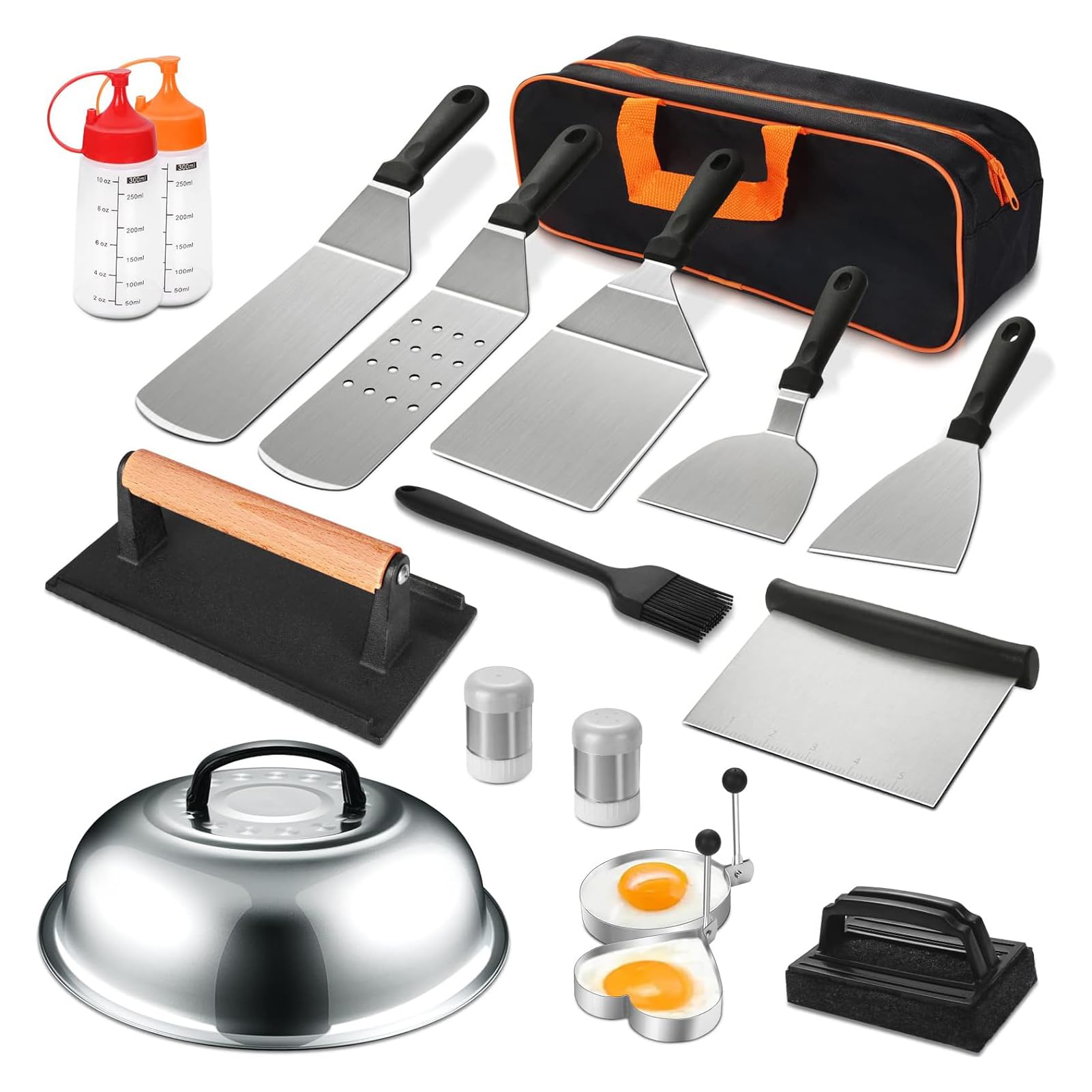 U-HOOME Griddle Accessories Kit,18 Pcs Flat Top Grill Accessories Set for Blackstone and Camp Chef, Grill Spatula Set with Enlarged Spatulas, Basting Cover, Scraper for BBQ Griddle Grill Tools Set