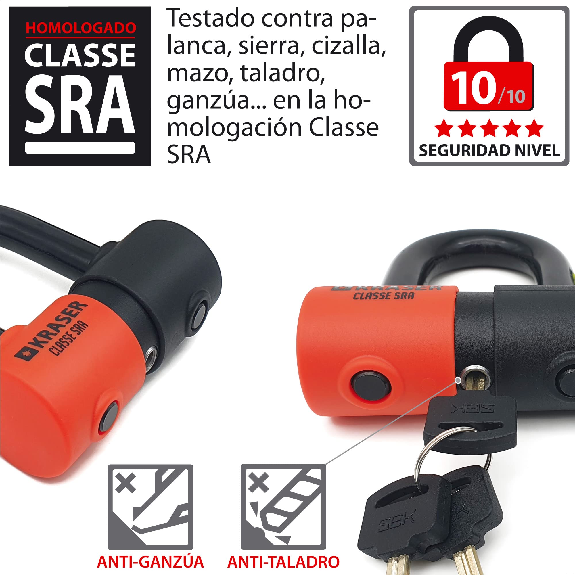 KRASER KR50+120L Cadena Moto Antirrobo, Candado Disco Motocicleta Scooter Bicicleta Eléctrica, Homologado Sra, Bloqueo Mini U Sólida Ø18, Kit Seguridad Parking Garaje, Multifunción Lazo, 120 cm Ø10