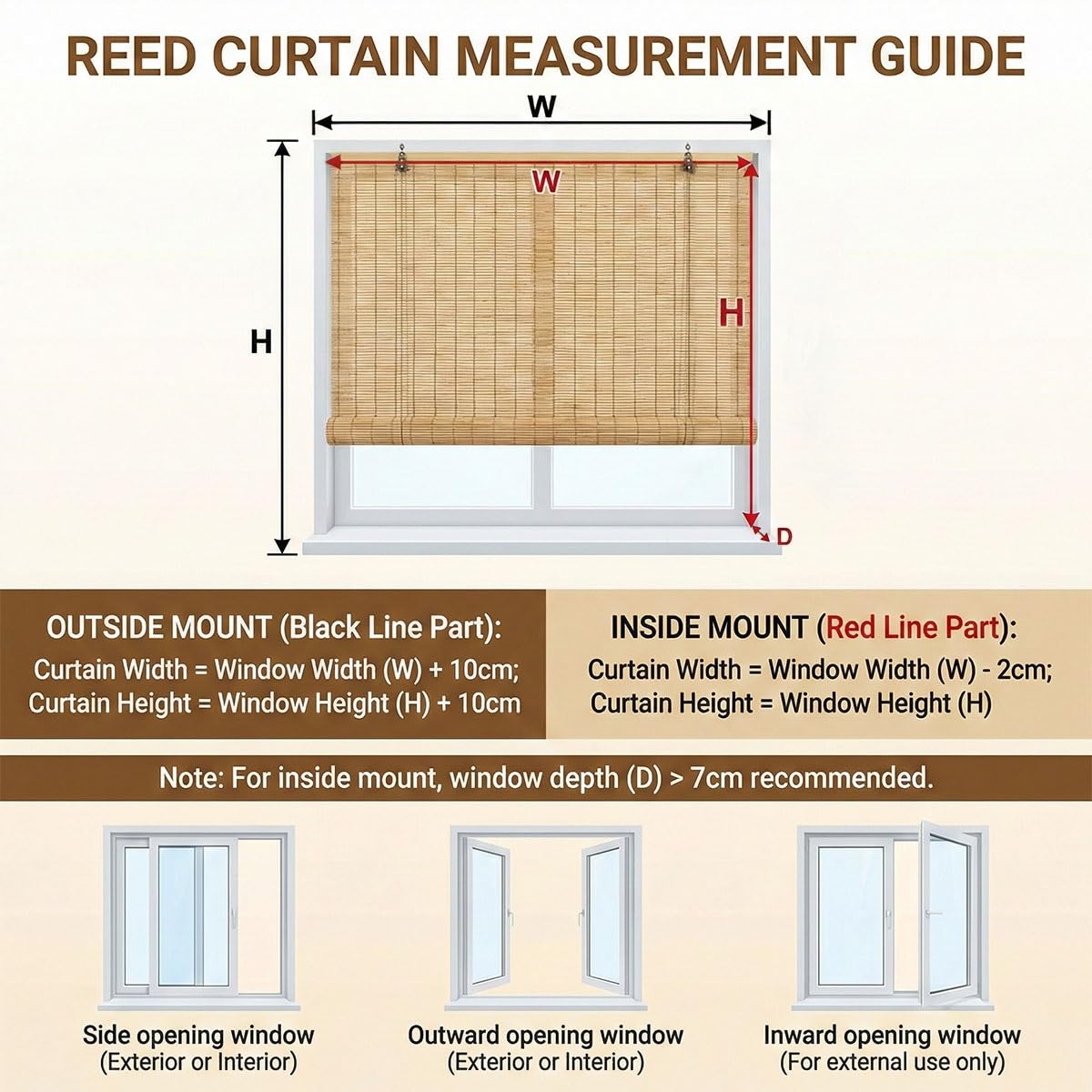 RETR Bambusrollo Outdoor Wetterfest, Sichtschutz Rollo für Balkon, Lichtfilternde Rollo Bambus für Garten, Sonnenschutz Bambus Jalousie Außen, Natur Schilf Vorhang(Natural,120 x 180 cm)