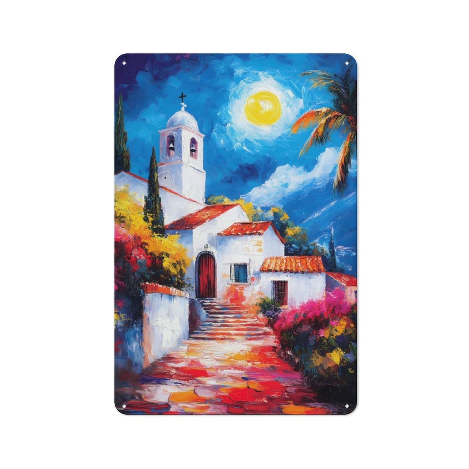 Junmoney Mediterranean Village At Night Retro Tin Sign 30X20cm For Man Cave Or Games Room, For Collectors Decorating Games Rooms And Man Caves