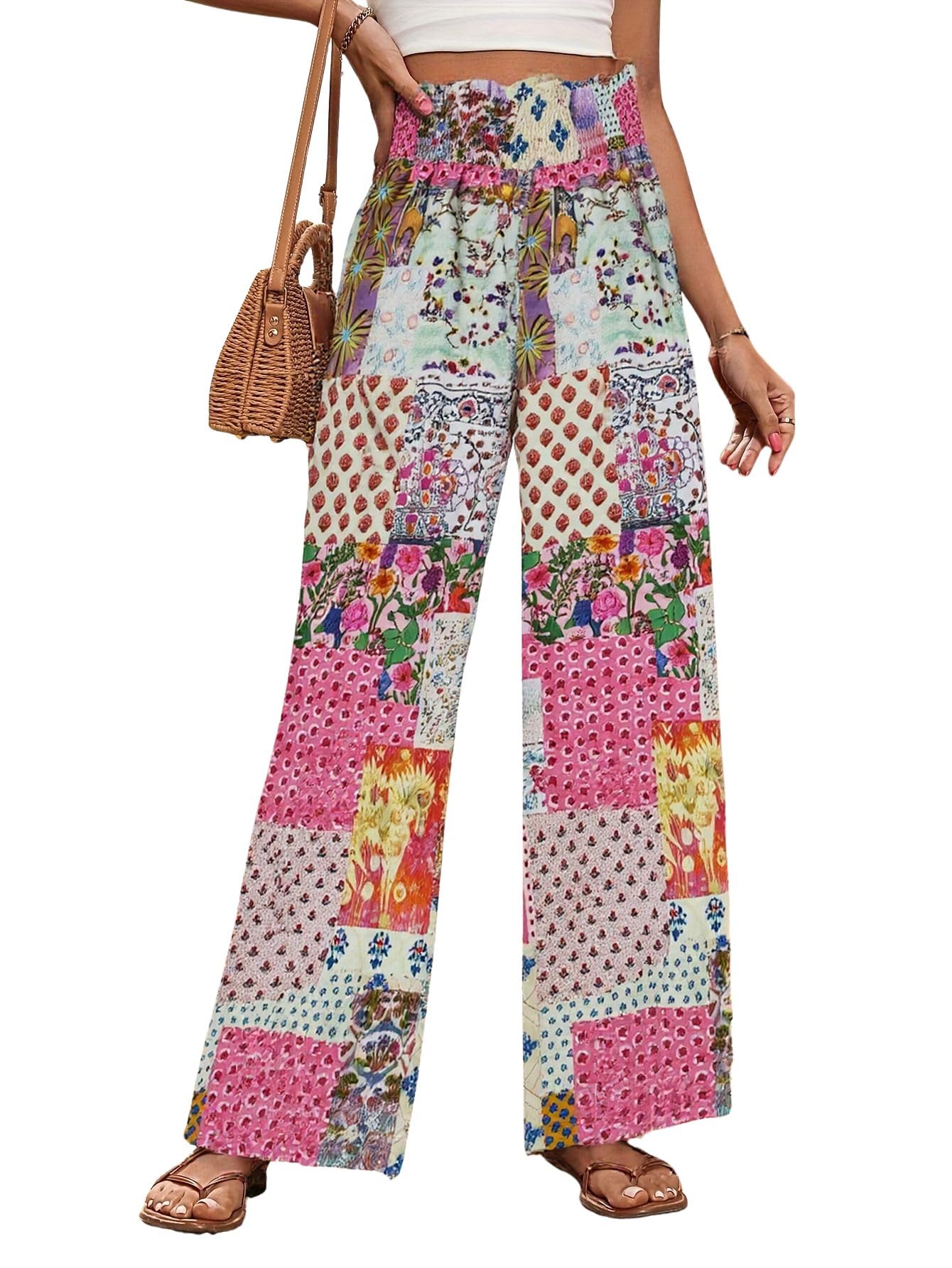 chouyatou Womens Vintage Floral Printed Wide Leg Pants Smocked Elastic Waist Beach Palazzo Pants