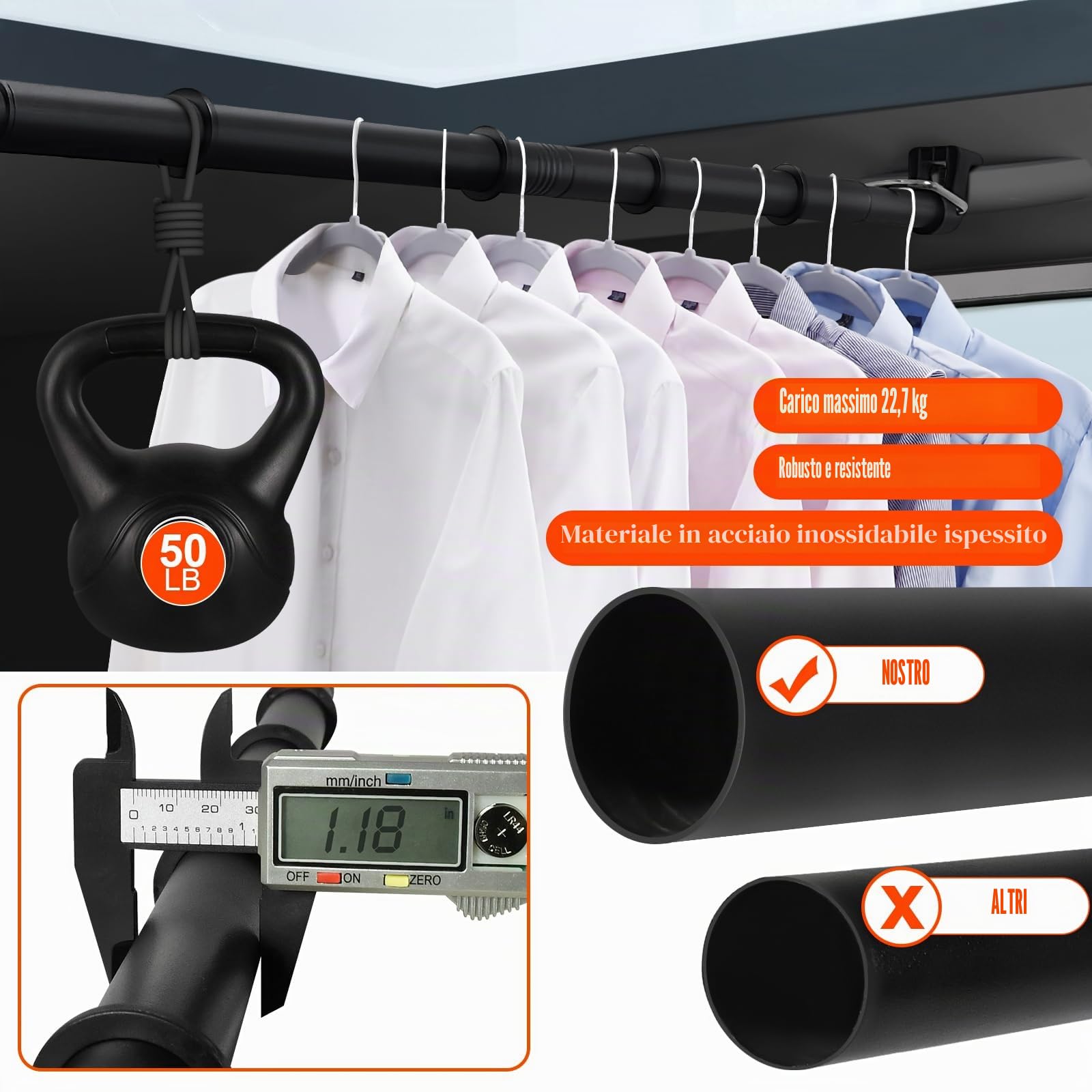 Beinhome Barra appendiabiti espandibile per auto, resistente, 76-160 cm, in acciaio, opaca, regolabile, antiscivolo, capacità 22,7 kg, perfetta per auto, camion, SUV, camper