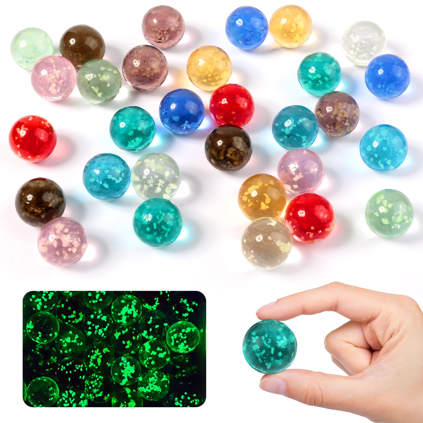30 PCS Glow in the Dark Glass Marbles for Kids - 16mm Multi-Color Dotted With Box, for Children's Games, DIY Projects, Home Decoration (10 Colours)