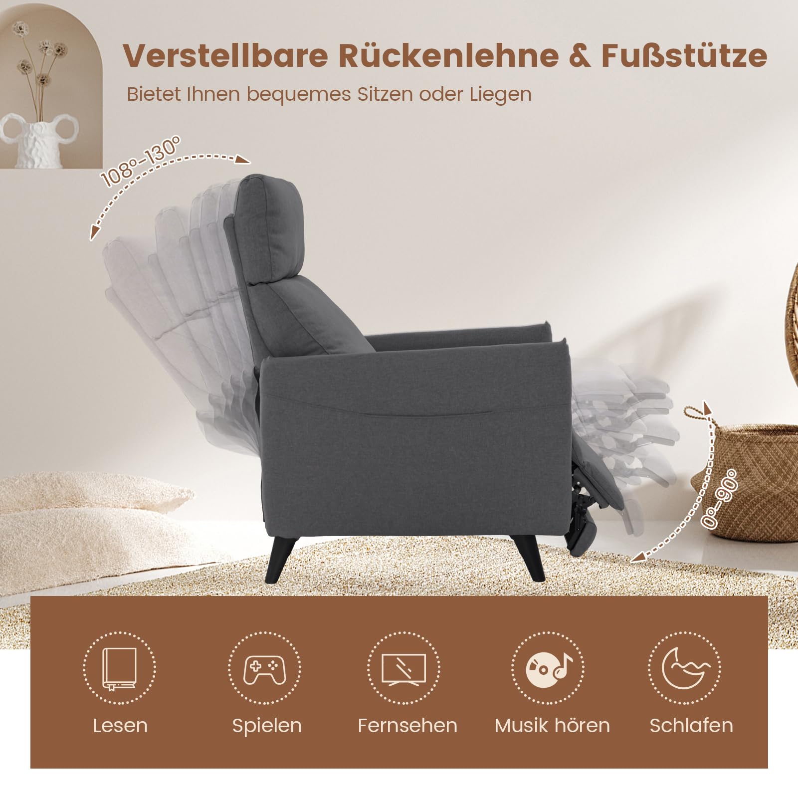 COSTWAY Fotel z funkcją leżenia, fotel telewizyjny z regulowanym oparciem i podnóżkiem, 2 kieszenie na magazynki, fotel relaksacyjny z tkaniny lnianej, pojedyncza sofa do salonu, sypialni (ciemnoszary