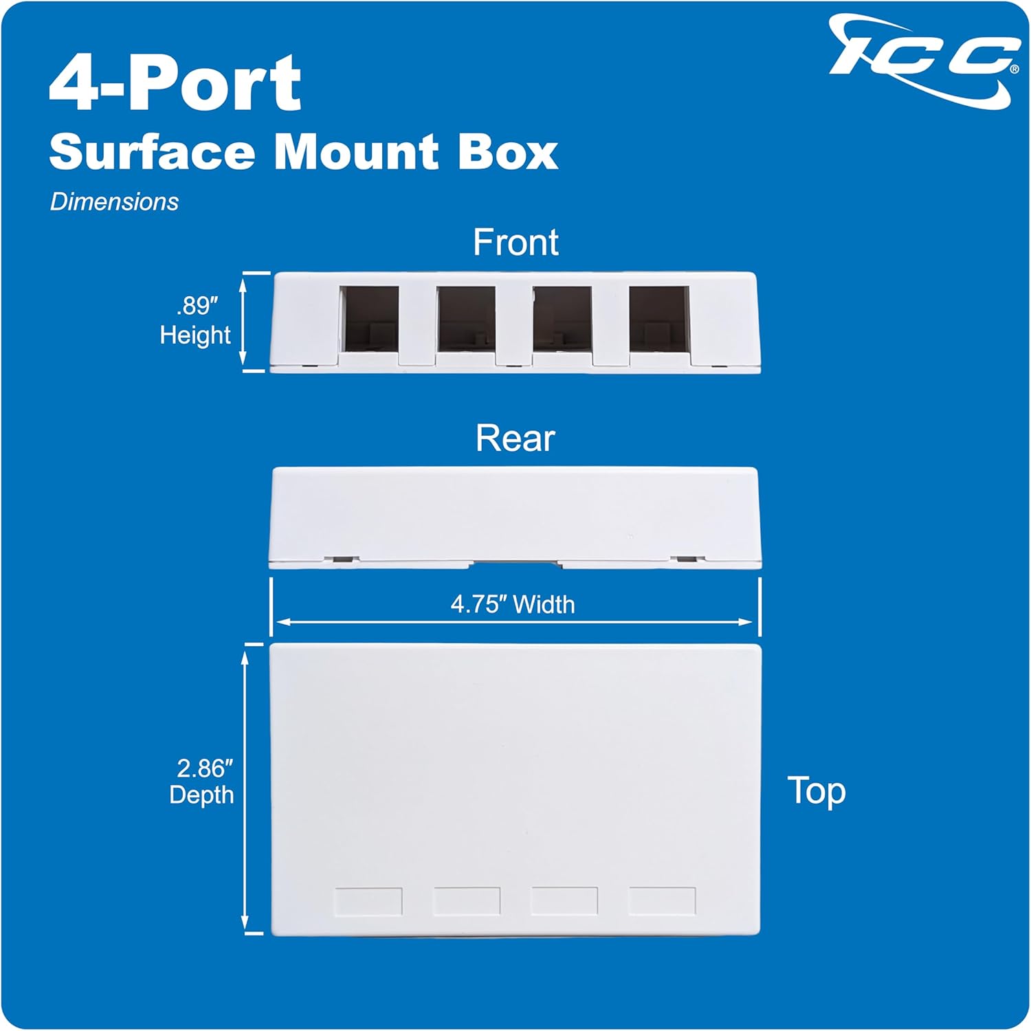 ICC 4 Port Surface Mount Box in White, 5 Pack, Works with Slim and Wide Profile Keystone Jacks (Sold Separately), Compact Outlet for Voice and Data Connections, UL Listed TAA Compliant, IC107B54WH