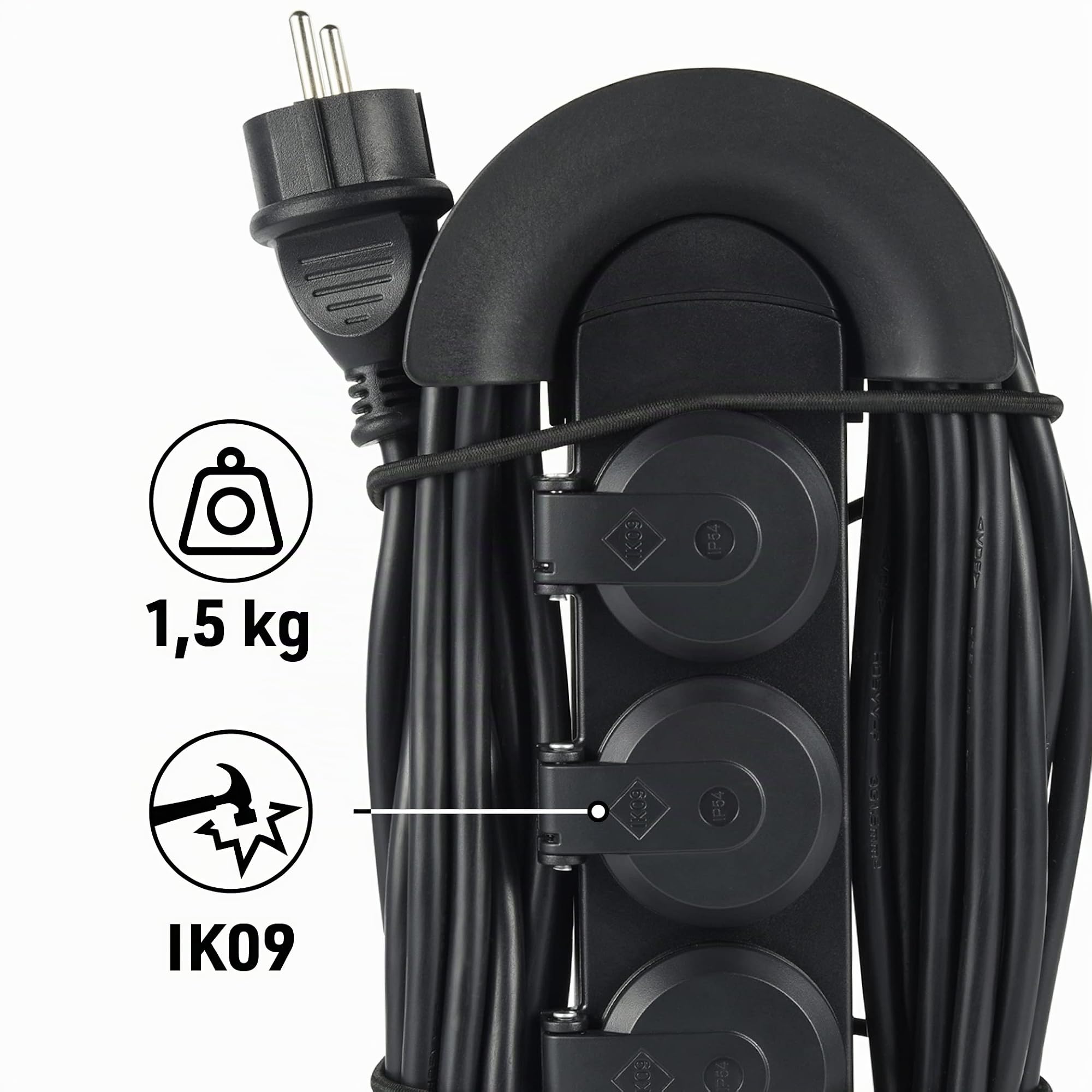 Electraline 62579 Professionelle Steckdosenleiste für den Außenbereich Kabeltrommel mit 10 Meter Verlängerung, 3 Schukosteckdosen mit Kappe, Schuko-Stecker, aufhängbar mit Haken, IP44