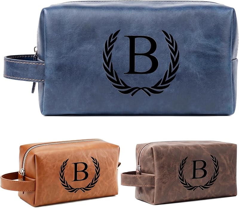 Necessaire de viagem em couro PU azul com zíper e inicial gravada XUMGCUTM