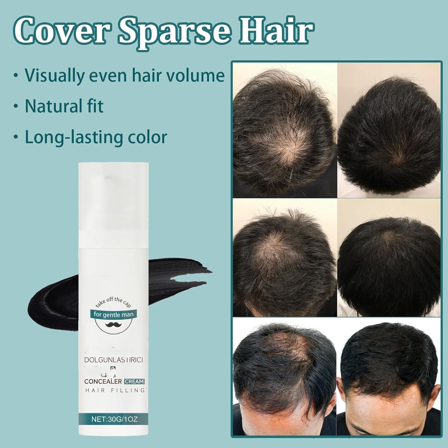 Crème anti-cernes, soin capillaire quotidien, cache les zones chauves, couvre les zones clairsemées en quelques secondes, modifie la texture du cuir chevelu et masque les démarcations.