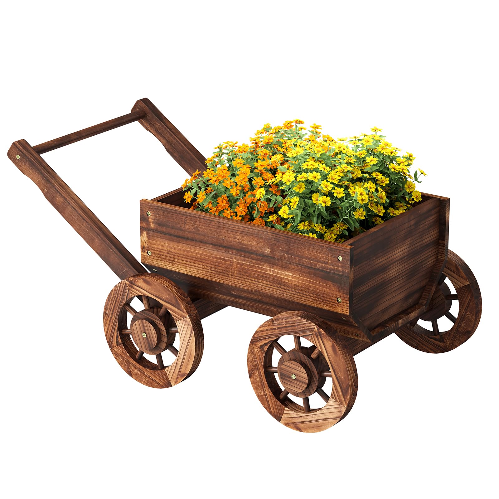 FurshusWood Planters with Wheels Rustic,Wood Wagon Flower Pot for Indoor Outdoor Backyard Balcony Decor, Garden Decor (Small)