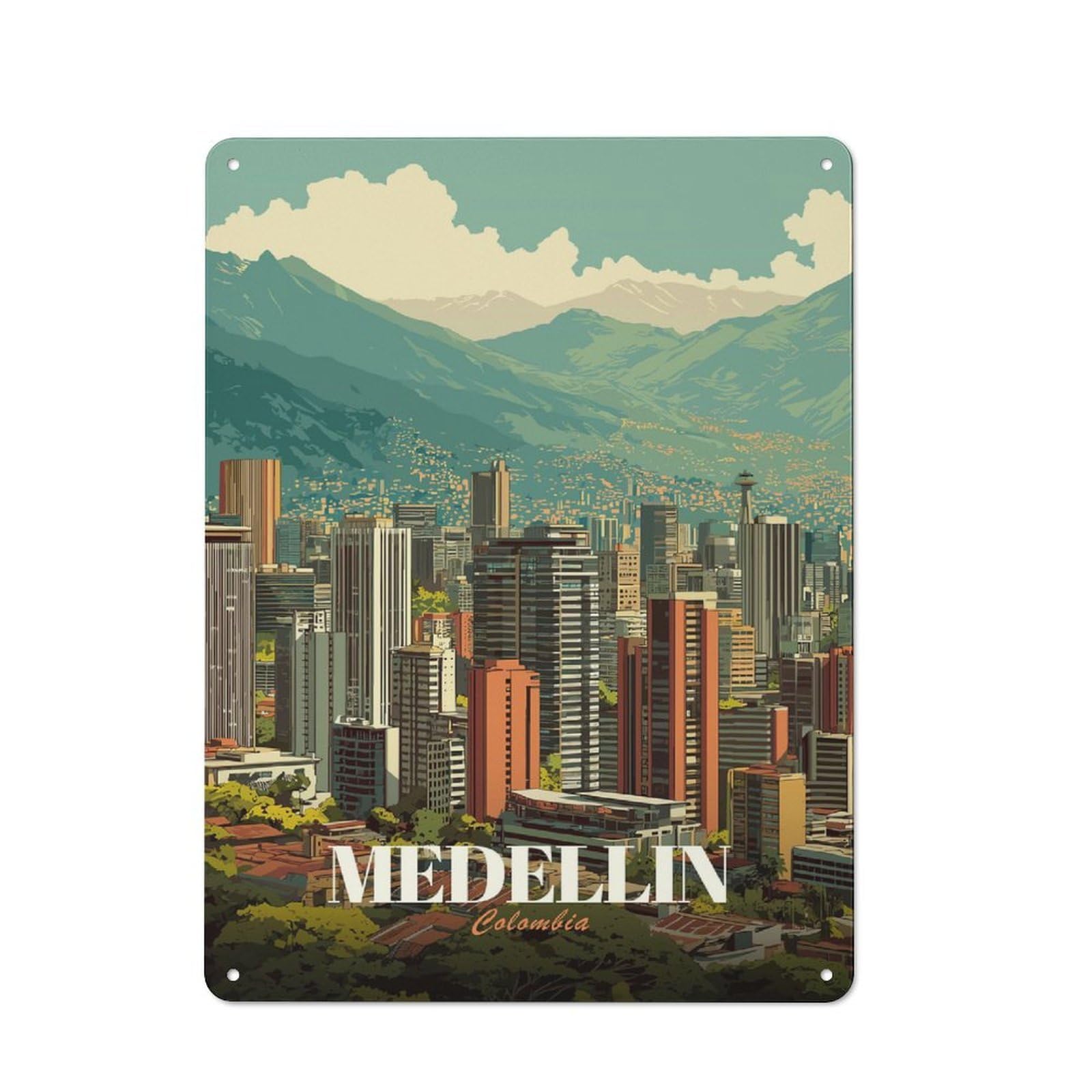 Medellin, Colombia Cityscape Classic Metal Wall Decor 40x30cm, Metal Wall Plaque for Hobby Room, Office, Lounge Or Living Room