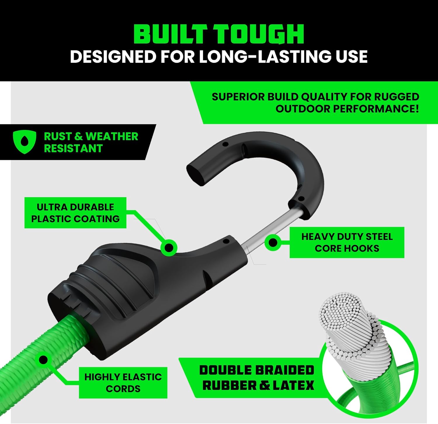 Rhino USA Heavy Duty Bungee Cords & Straps Bundle – 28-Piece Assorted Set + 12 Rubber Outdoor Bungees with Adjustable Hooks, Tarp Clips, Canopy Ties, Ball Bungie – Weather & UV Resistant