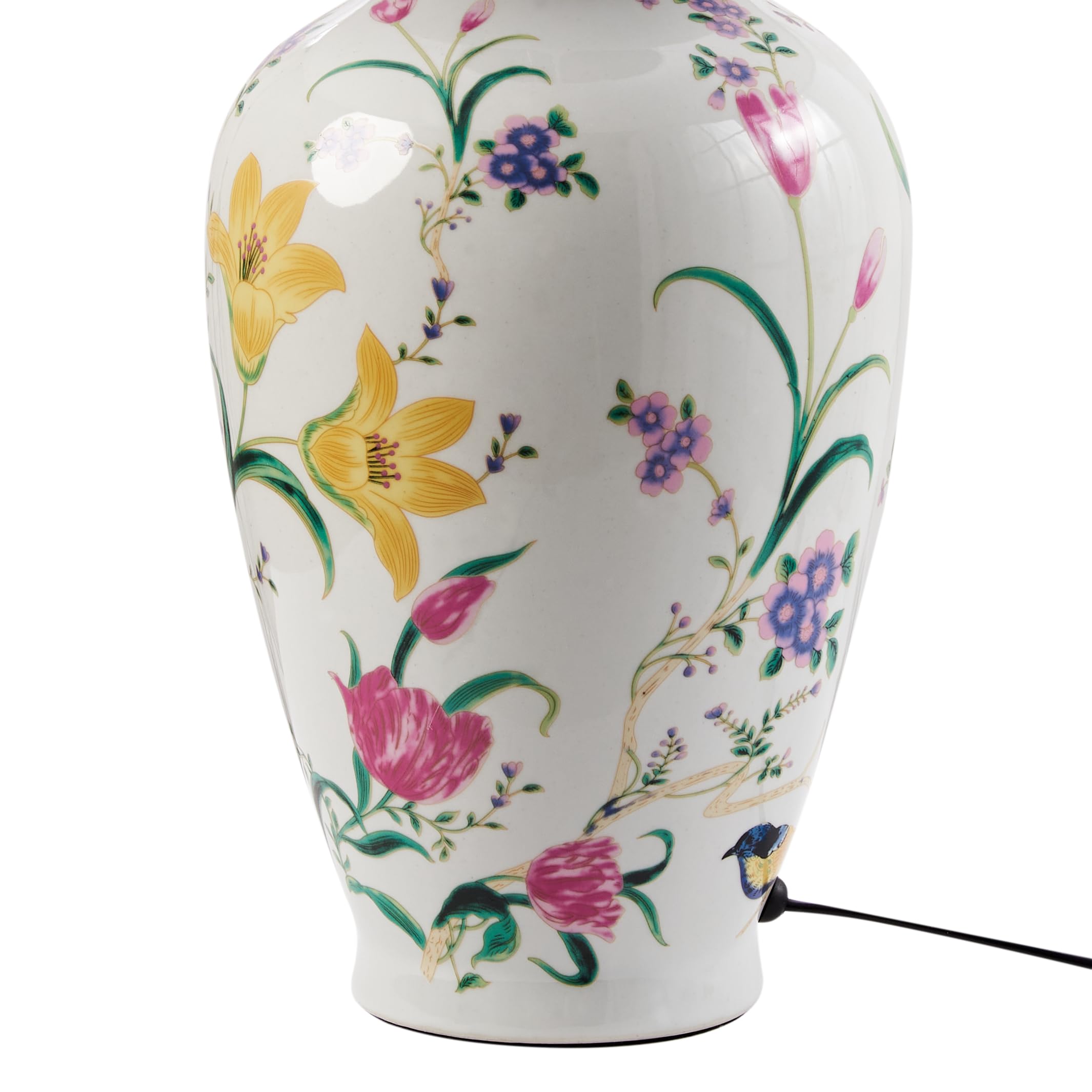 Beliani Stilvolle Tischlampe mit floralem Patten Porzellansockel Leinen-Trommelschirm Beleuchtung Weiß Acrosso