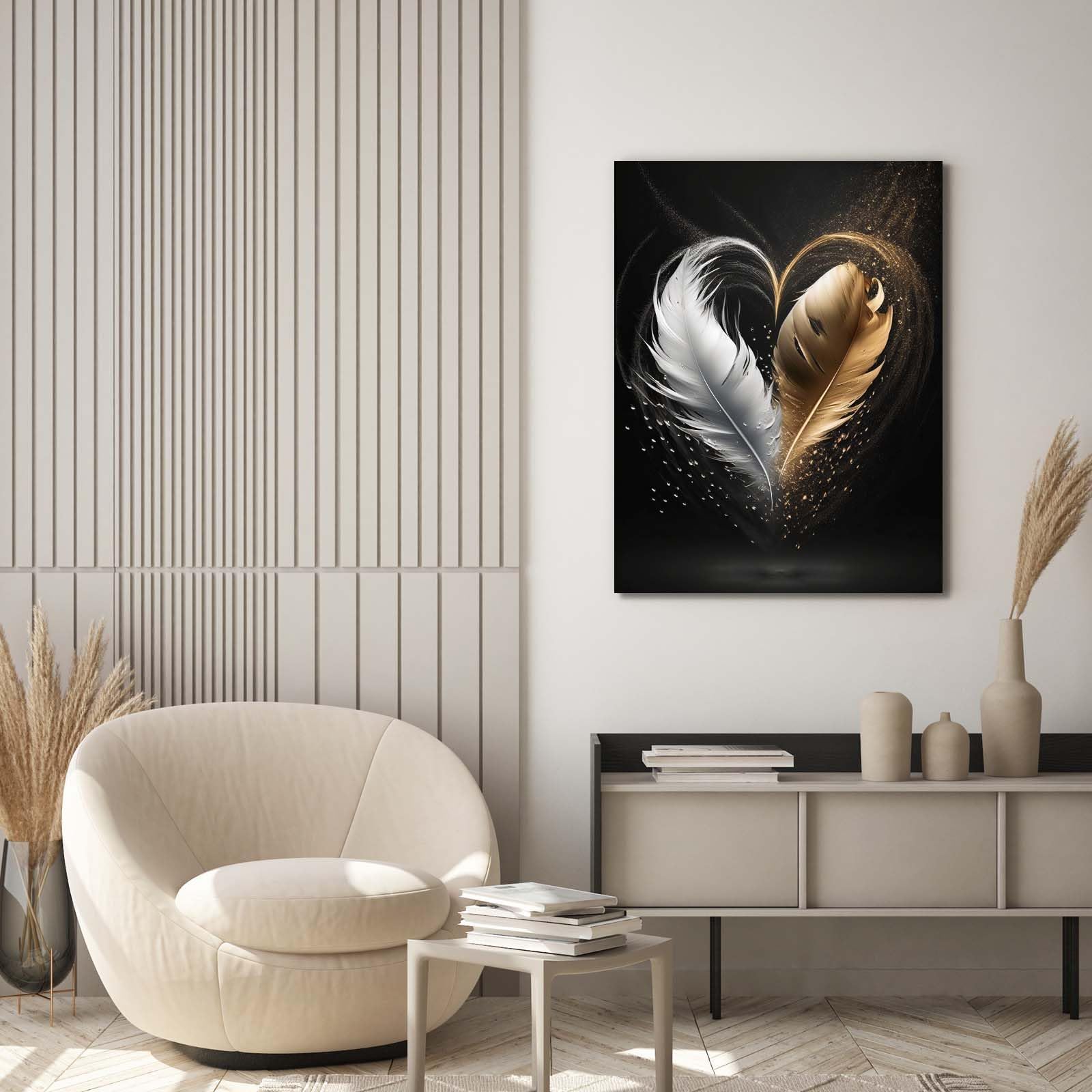 Qiukoo Framed Canvas Wall Art – Gold and Black Feather Heart Artwork, Waterproof Modern Print with Hook, Wall Decoration for Living Room or Bedroom, Elegant Pictures for Bedroom Walls – 12x16 Inch — view 6