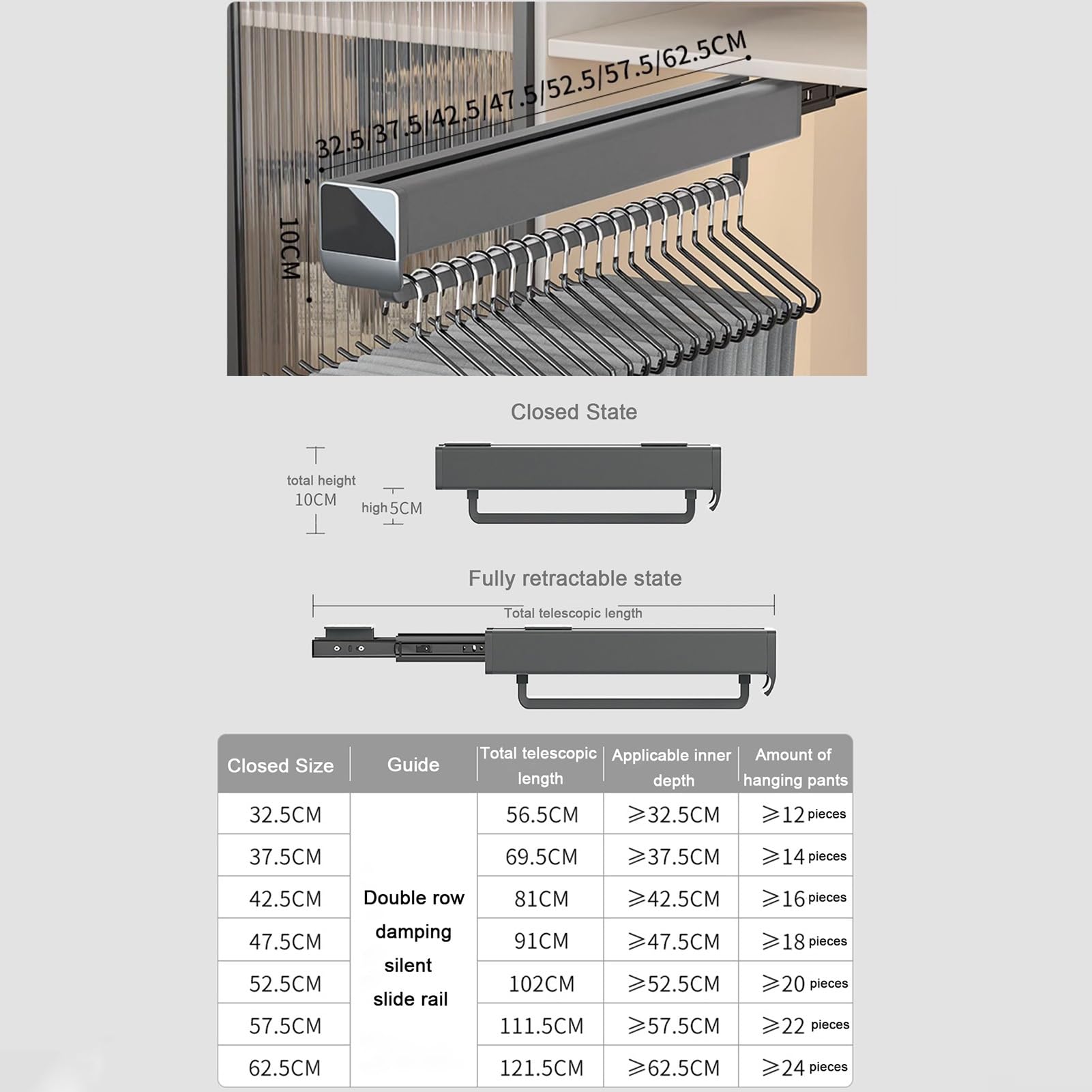 Wysuwana szafa wysuwana wieszak na ubrania czarny stop aluminium dwurzędowa szyna ślizgowa 30 kg pojemność akrylowy uchwyt lustrzany 32,5 cm do przechowywania oszczędzającego miejsce