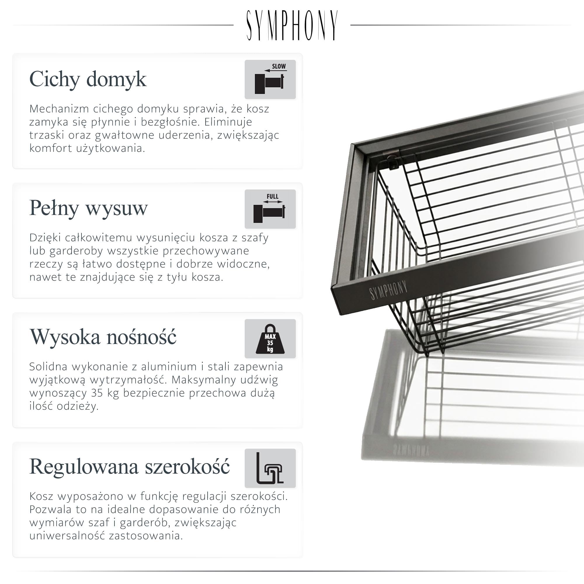 ATM Kosz Druciany Wysuwany do Szafy i Garderoby - Pełny Wysuw z Cichym Domykiem - Udźwig 35 kg - Regulacja Szerokości 864–914 mm - Aluminium + Stal - Antracyt