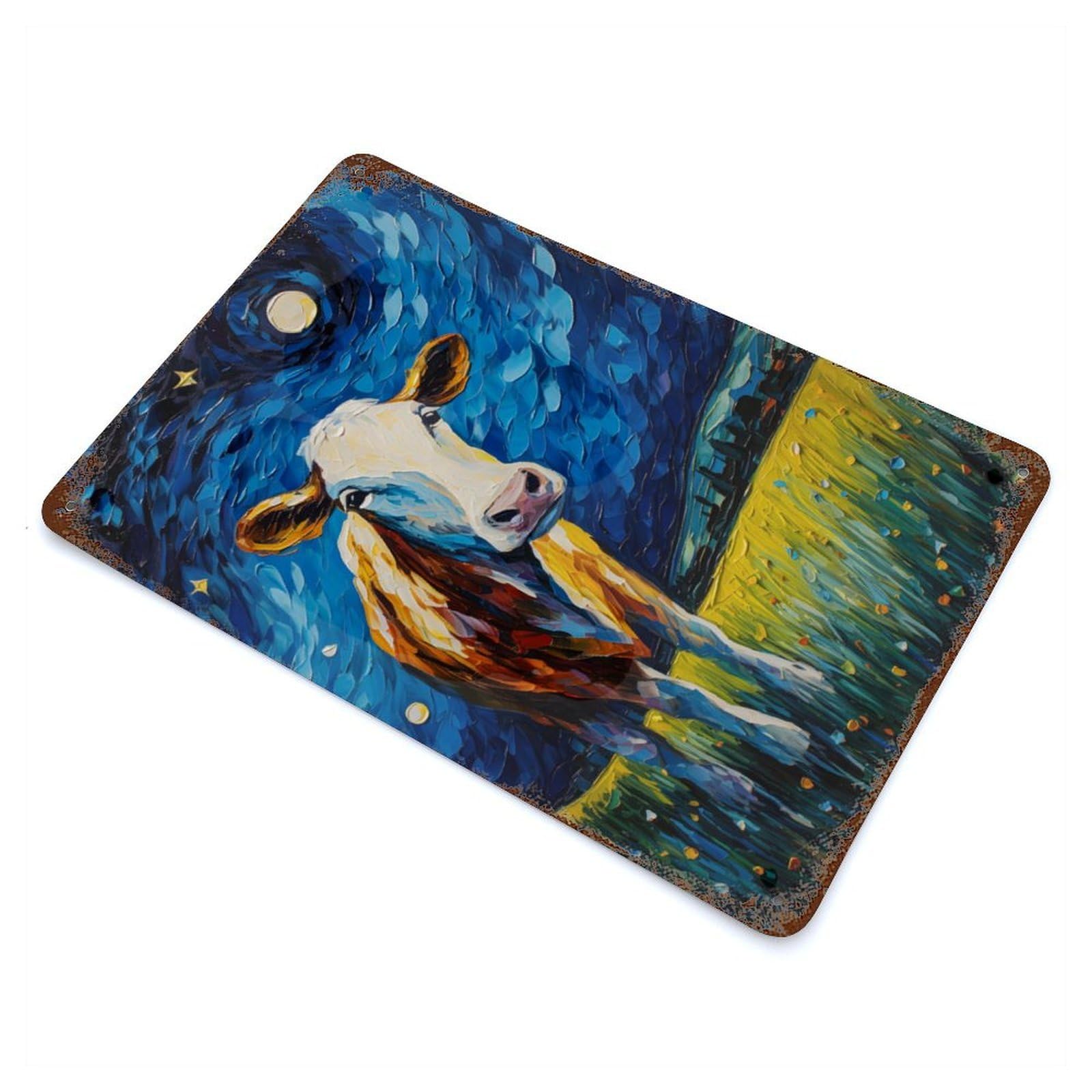Retro Metal Sign with The Starry Night Cow Design 11.8"x7.9", for Pub, Kitchen And Man Cave Decor, Rustic Home Decor