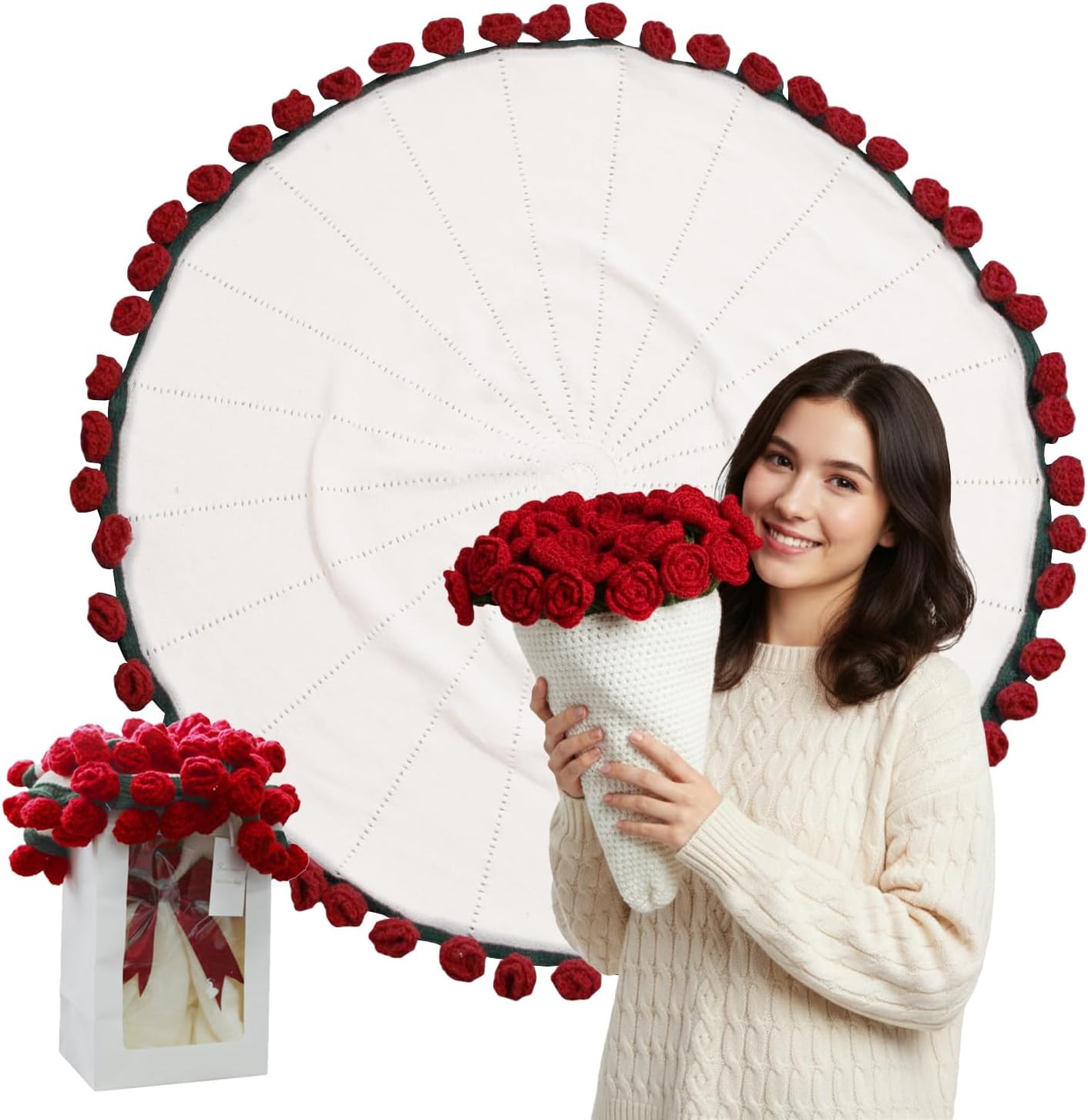 39 Inch Bouquet-Style Floral Throw Blanket, Handmade Crochet Roses Blanket, Soft Bloom Design Home Decor, for Valentine's, Anniversary, Birthday for Her (Medium 39inch)