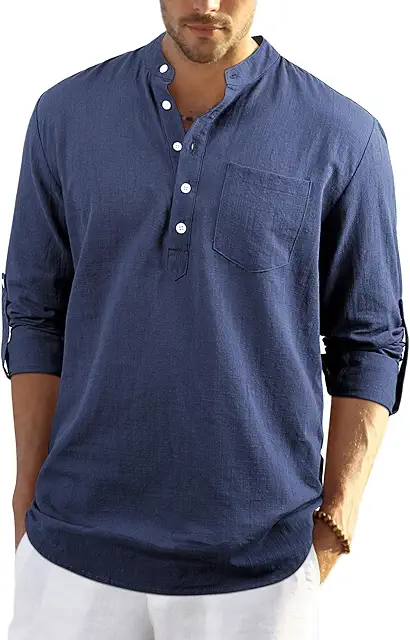 Men's Casual Cotton Long Sleeve Henley Shirt - Overhemd Mao Kraag