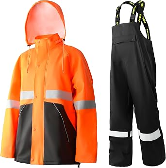 Mens Hi-Vis PRO Waterproof 3-Piece Rain Suit, Reflective Jacket, Hood & Bib Pants Set for Construction Work