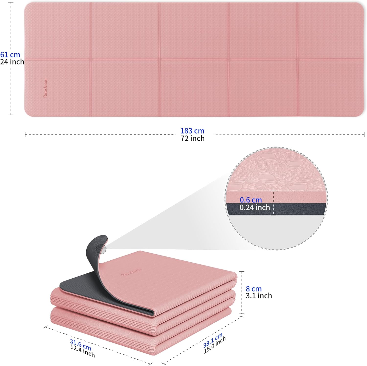 Readaeer Foldable Yoga Mat for Travel Folding Yoga Mat 6mm Thick with Carrying Bag, Non-Slip TPE Exercise Pilates Mat for 72