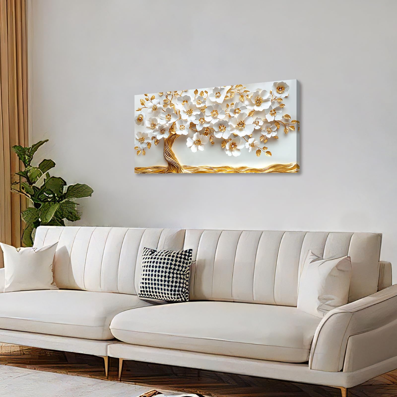 Grande Stampa su tela con Cornice Bianco Oro Floreale Albero Pittura Albero della vita con Foglie d'oro Quadri su tela Quadri Moderni Poster Stampe da Parete Soggiorno Camera da Letto 50x100cm