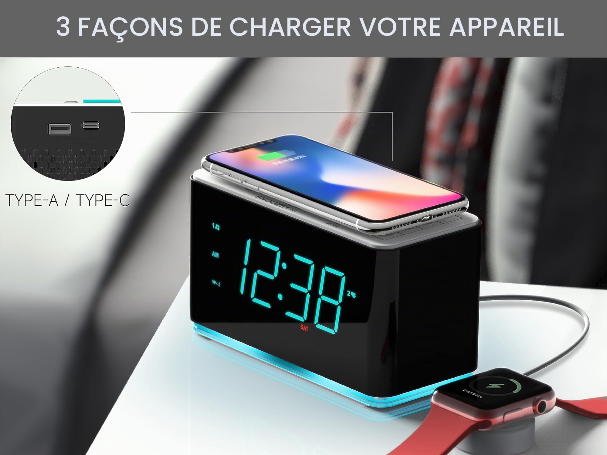 iTOMA Radio Réveil, Chargeur sans Fil Ultra - Rapide 15W avec Bluetooth, Port de Charge USB, Double Alarme, Minuterie de Sommeil, Snooze, Variateur, FM Radio, écran LED Cyan de 1,4 Pouces CKS207