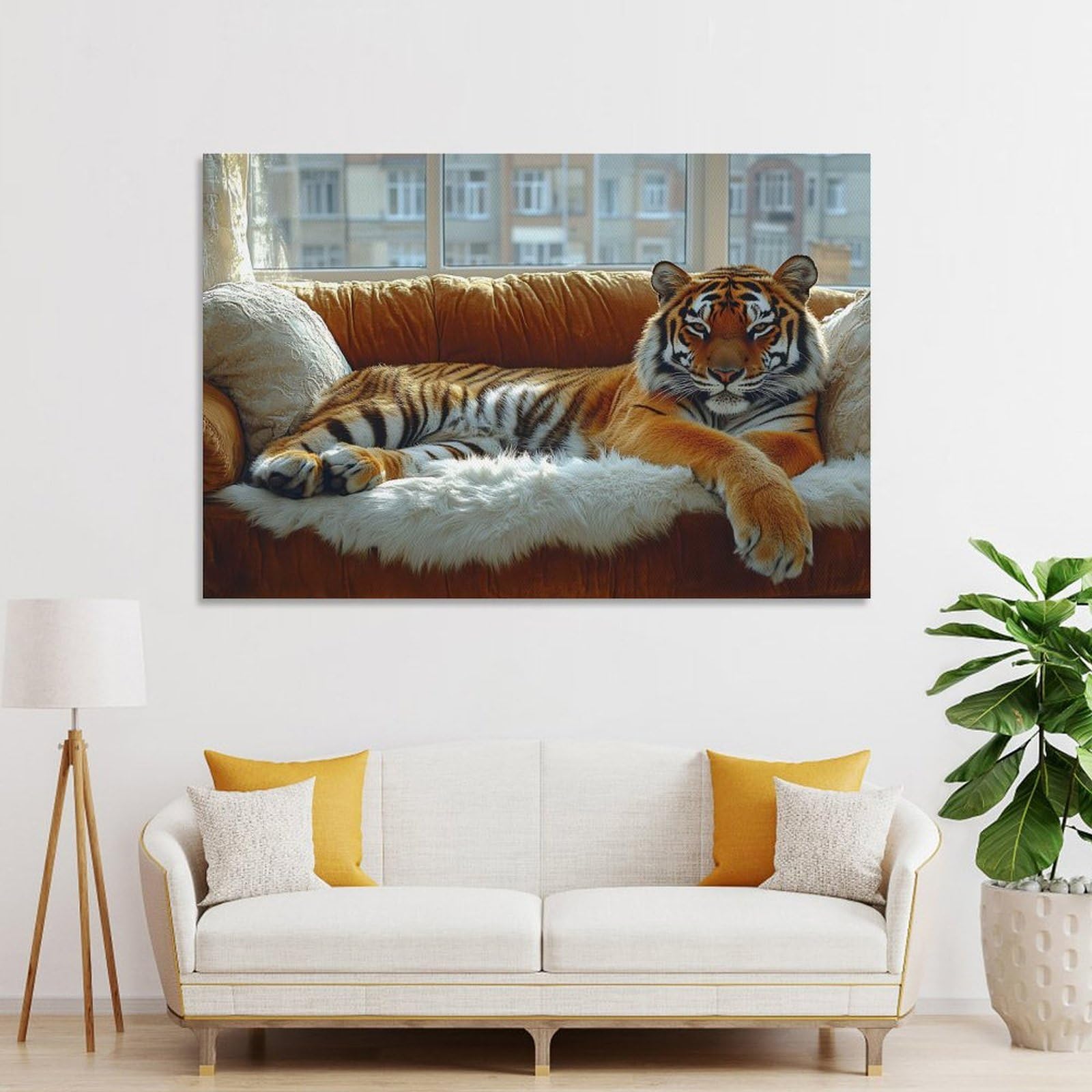 Junmoney Canvas Wall Decor Tiger Relaxing on A Couch, 12x18inch(30x45cm), for Bedroom, Guest Room Or Reading Nook, Decorative Wall Art for Cosy Rooms