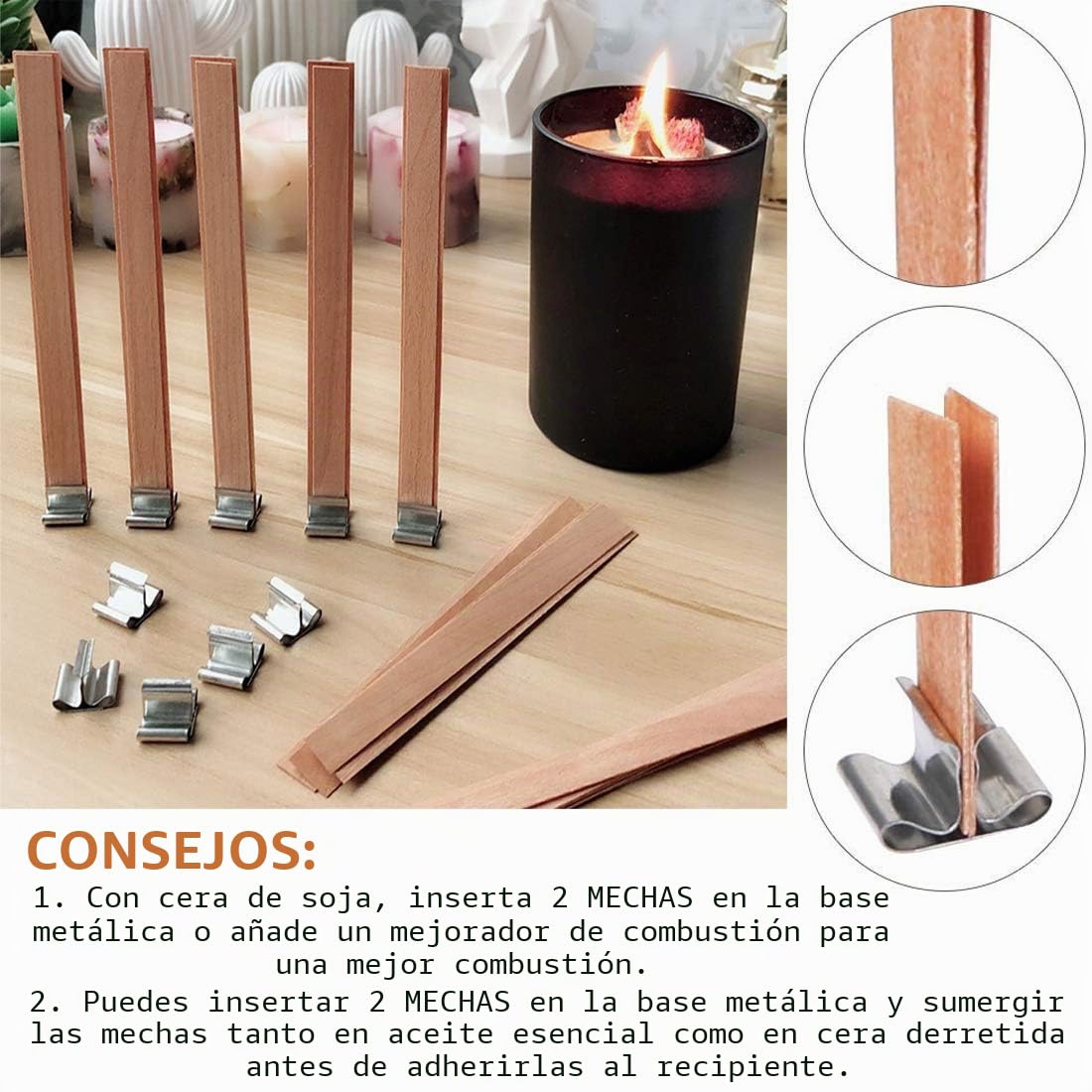 100 Piezas Mechas de Madera para Velas con Soportes de Hierro para Velas Mecha Natural ecológica para Hacer Velas y Manualidades con Velas,13 x 130 mm (100 pcs)