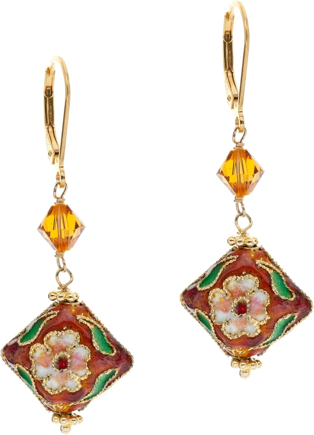 Cloisonne Enameled Drop Earrings Accented with Faceted Glass Bicone Beads