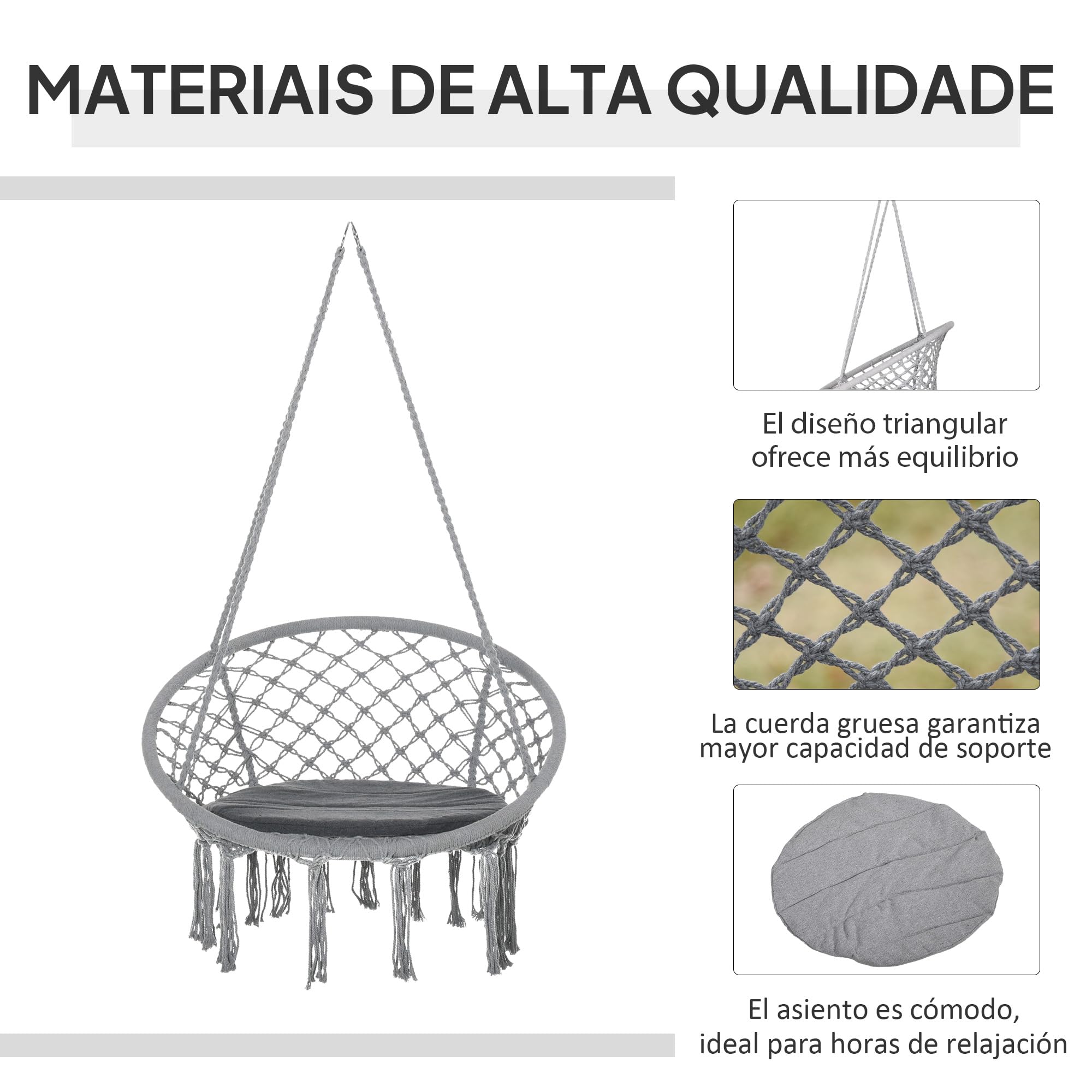 Outsunny Silla Colgante Redondo de Ø60 cm Silla Hamaca Columpio con Cojín y Cuerda de Algodón para Interior y Exterior Carga 120 kg 80x80x42 cm Gris